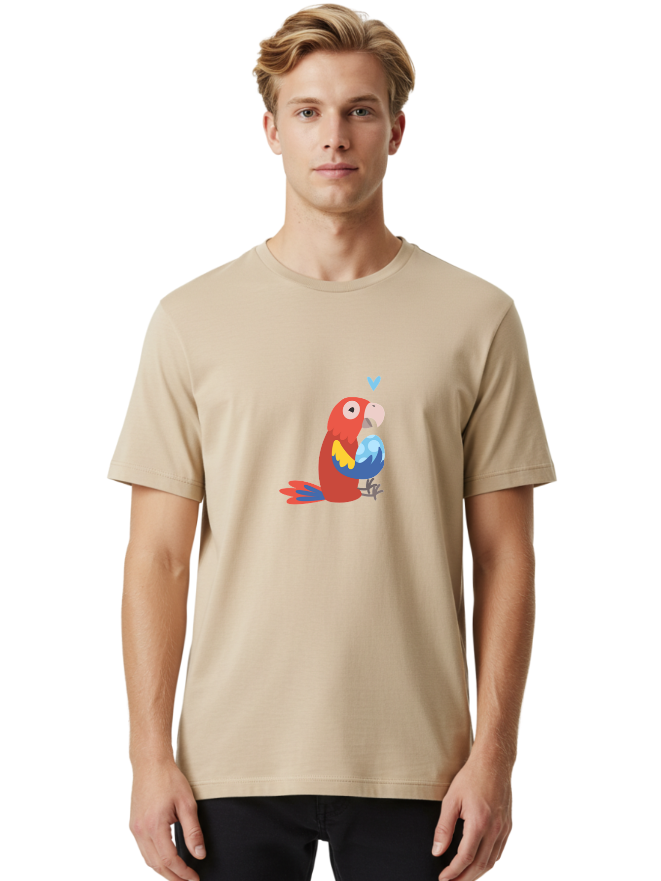 Parrot-3 Men'S Graphic Tee, 100% Cotton, Comfortable Casual Summer Wear, Machine Washable, Colorful Parrot, Red Bird, Blue Wings, Yellow Feathers, Cartoon Character, Heart Above Head, Vibrant Colors, Cute Animal, Tropical Bird, Parrot Love Aab851