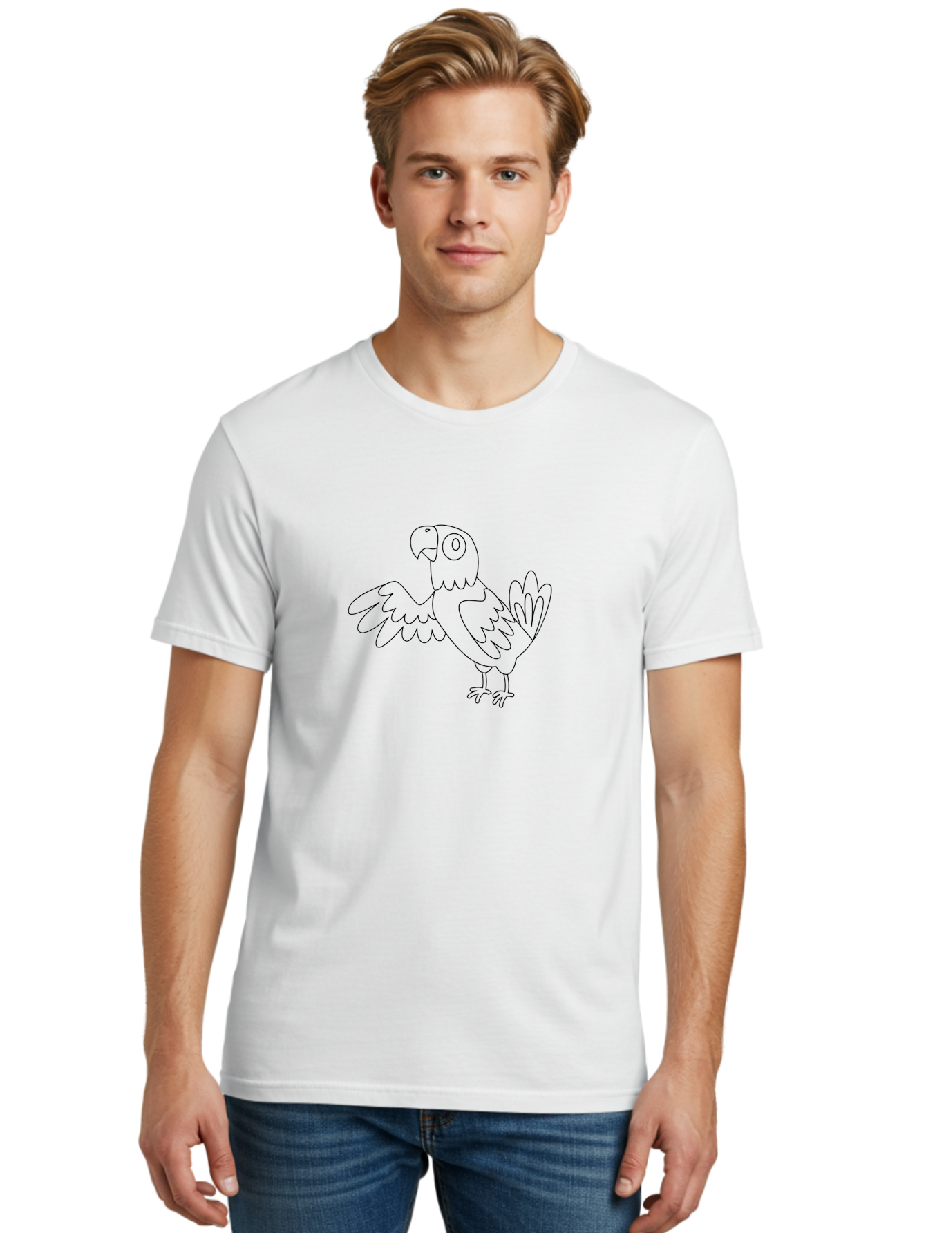 Parrot-4 Men'S Graphic Tee, 100% Cotton, Comfortable Casual Summer Wear, Machine Washable, Line Art Parrot, Simple Illustration, Cartoon Style, Bird Silhouette, Animal Outline, Coloring Page, Minimalist Design, Winged Creature, Aab852