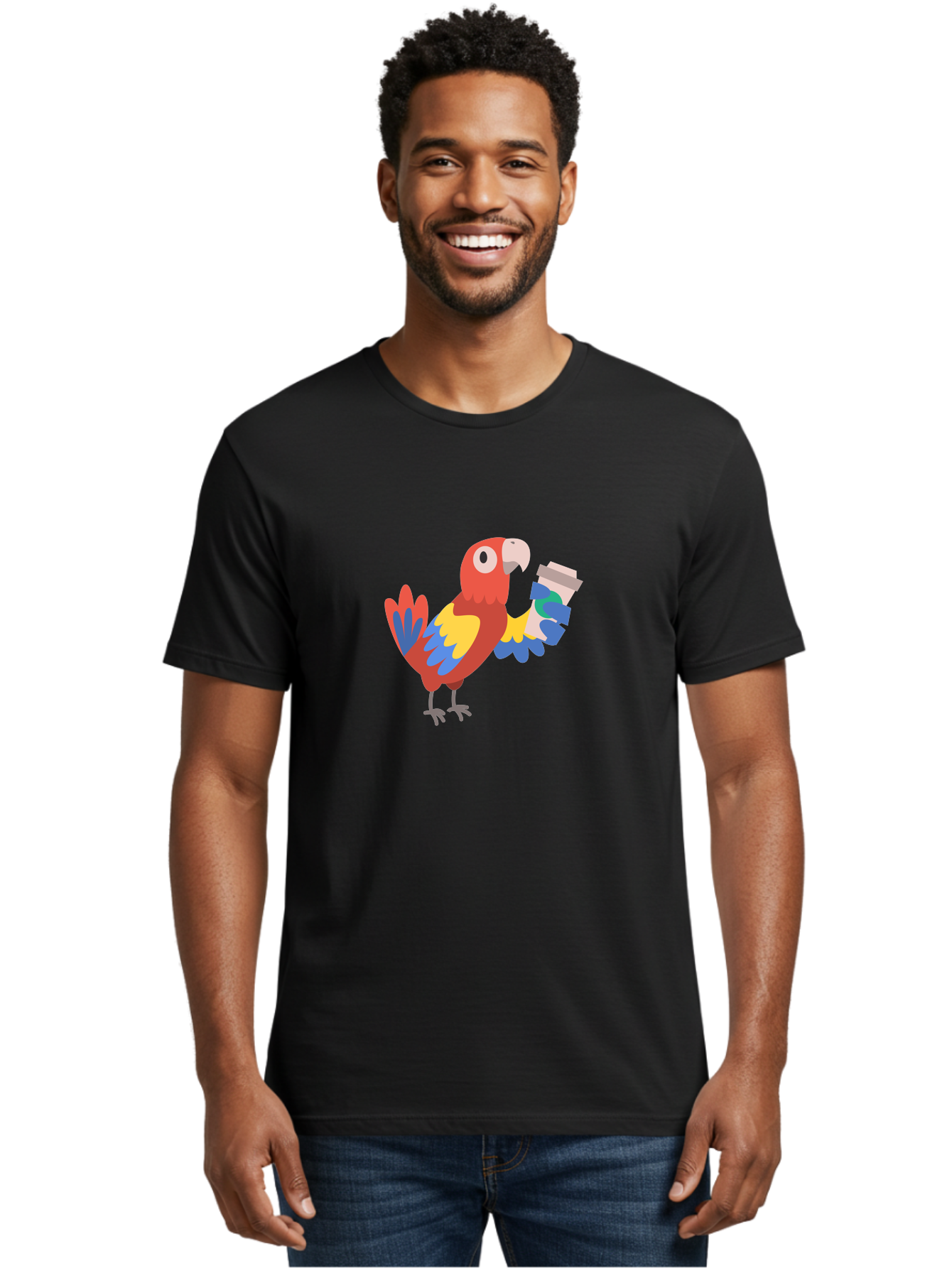 Parrot-Coffee-Cup Men'S Graphic Tee, 100% Cotton, Comfortable Casual Summer Wear, Machine Washable, Parrot Holding Coffee, Cartoon Parrot, Colorful Bird, Coffee Lover, Vibrant Plumage, Cartoon Character, Funny Parrot, Coffee Break, Aab859