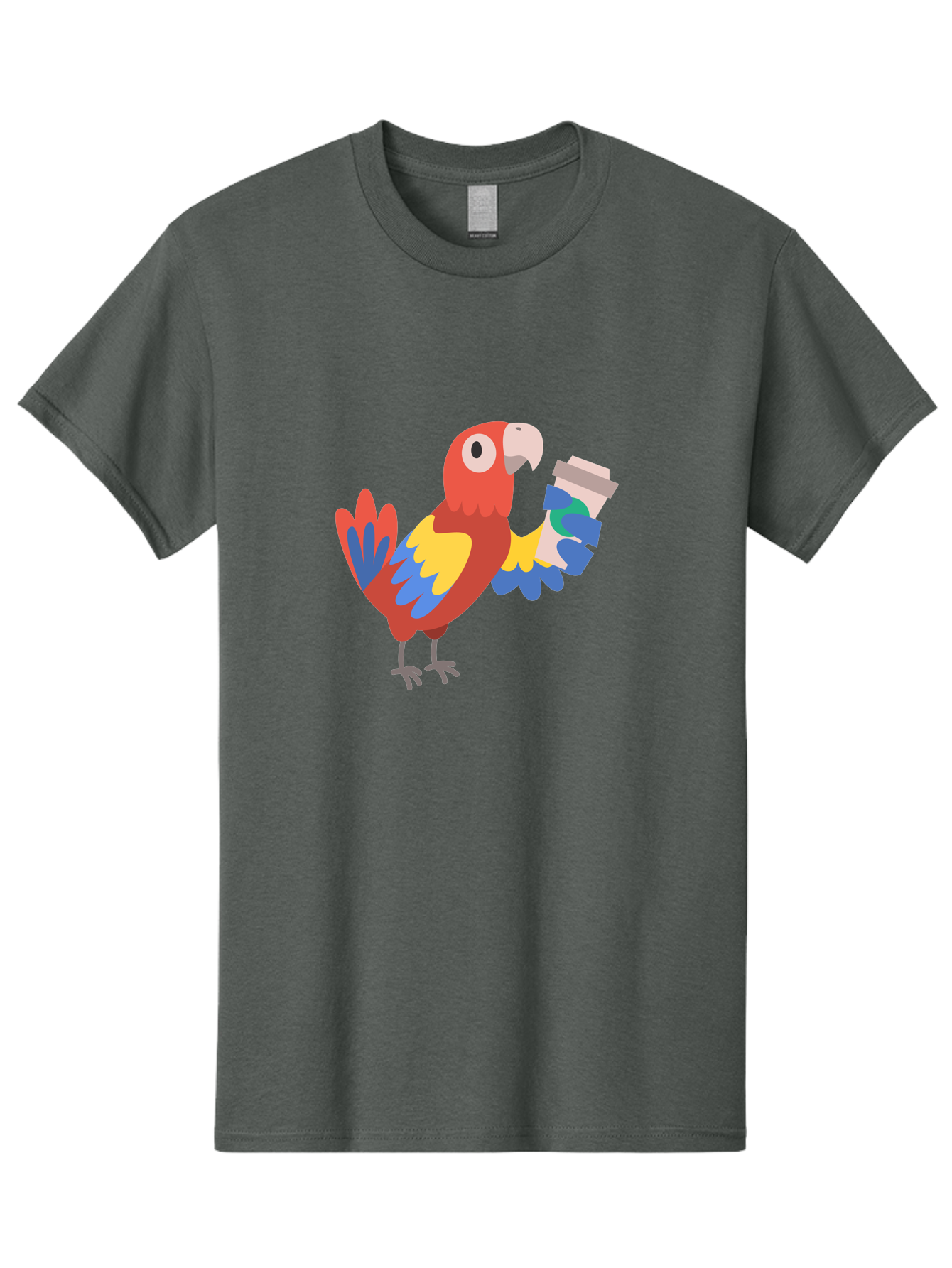 Parrot-Coffee-Cup Men'S Graphic Tee, 100% Cotton, Comfortable Casual Summer Wear, Machine Washable, Parrot Holding Coffee, Cartoon Parrot, Colorful Bird, Coffee Lover, Vibrant Plumage, Cartoon Character, Funny Parrot, Coffee Break, Aab859
