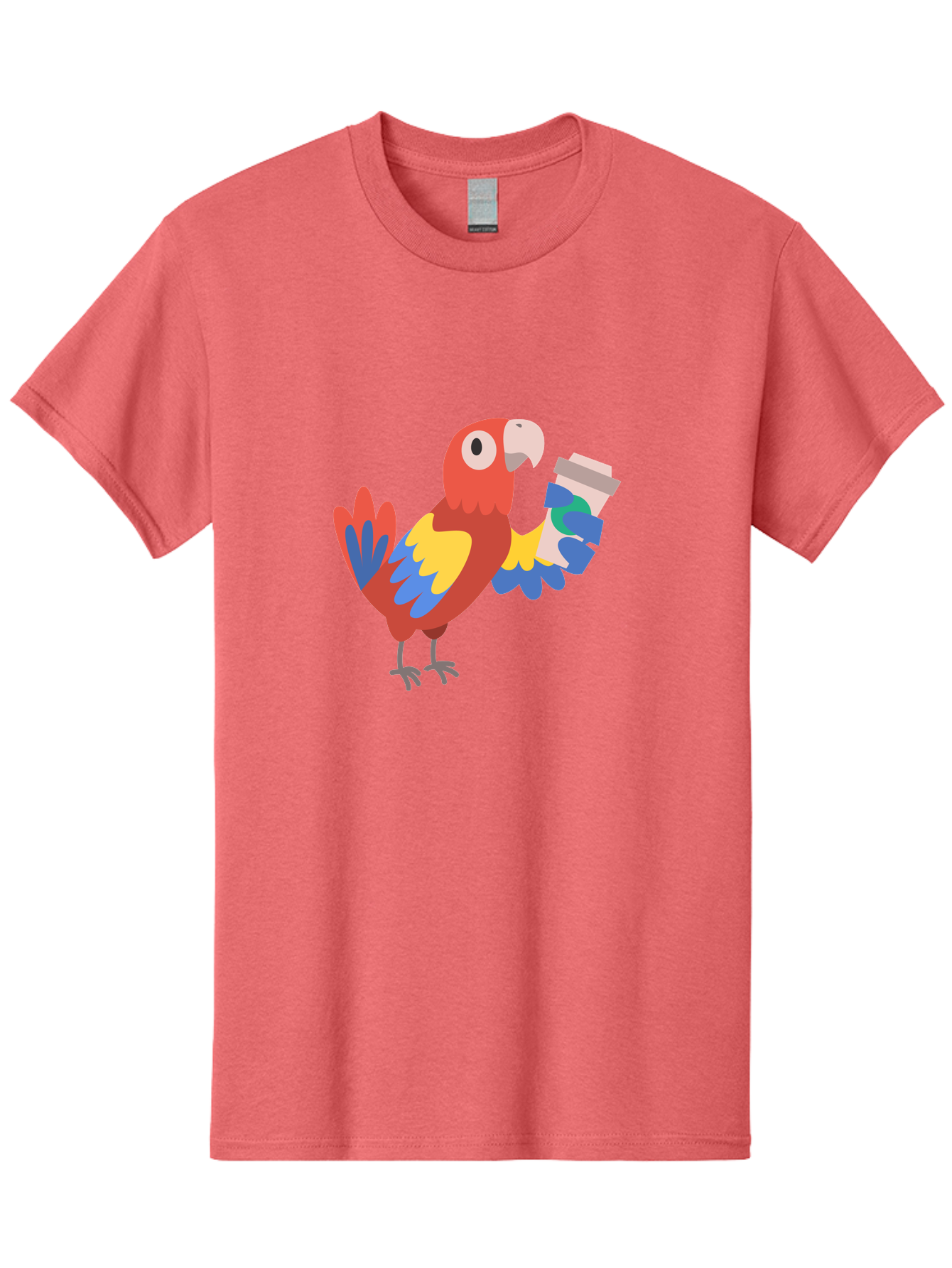 Parrot-Coffee-Cup Men'S Graphic Tee, 100% Cotton, Comfortable Casual Summer Wear, Machine Washable, Parrot Holding Coffee, Cartoon Parrot, Colorful Bird, Coffee Lover, Vibrant Plumage, Cartoon Character, Funny Parrot, Coffee Break, Aab859