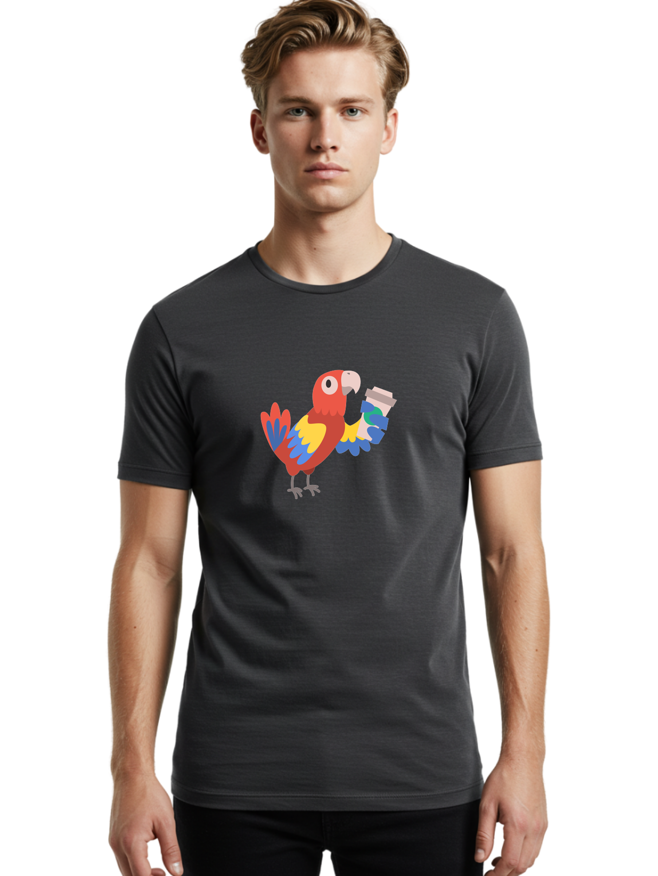 Parrot-Coffee-Cup Men'S Graphic Tee, 100% Cotton, Comfortable Casual Summer Wear, Machine Washable, Parrot Holding Coffee, Cartoon Parrot, Colorful Bird, Coffee Lover, Vibrant Plumage, Cartoon Character, Funny Parrot, Coffee Break, Aab859