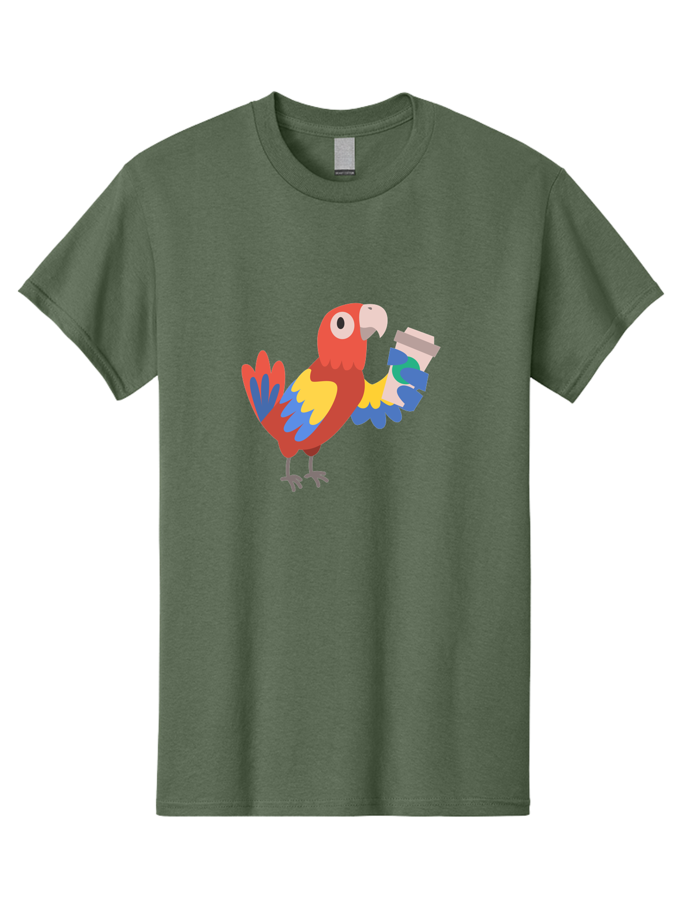 Parrot-Coffee-Cup Men'S Graphic Tee, 100% Cotton, Comfortable Casual Summer Wear, Machine Washable, Parrot Holding Coffee, Cartoon Parrot, Colorful Bird, Coffee Lover, Vibrant Plumage, Cartoon Character, Funny Parrot, Coffee Break, Aab859
