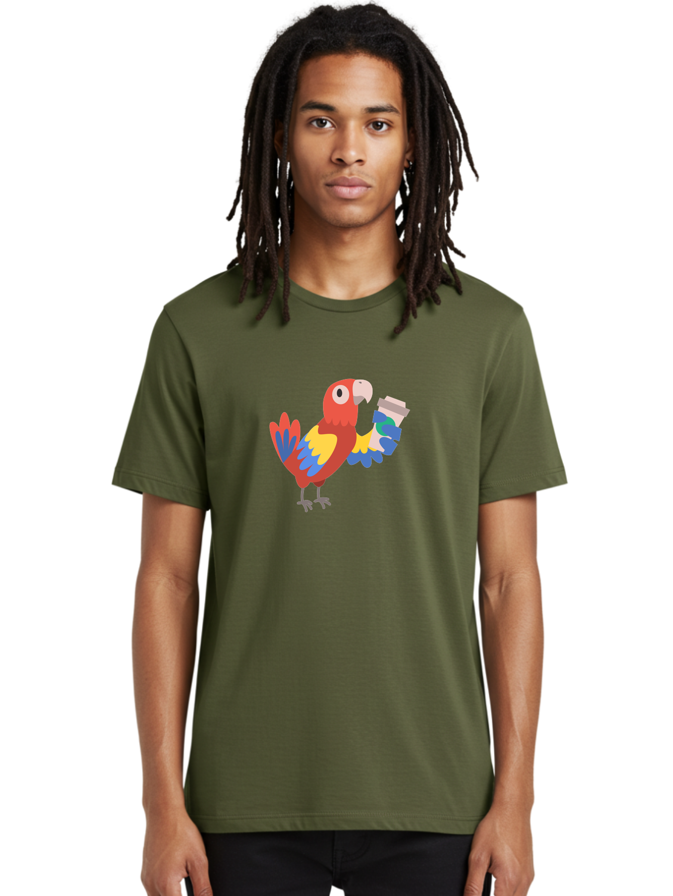Parrot-Coffee-Cup Men'S Graphic Tee, 100% Cotton, Comfortable Casual Summer Wear, Machine Washable, Parrot Holding Coffee, Cartoon Parrot, Colorful Bird, Coffee Lover, Vibrant Plumage, Cartoon Character, Funny Parrot, Coffee Break, Aab859