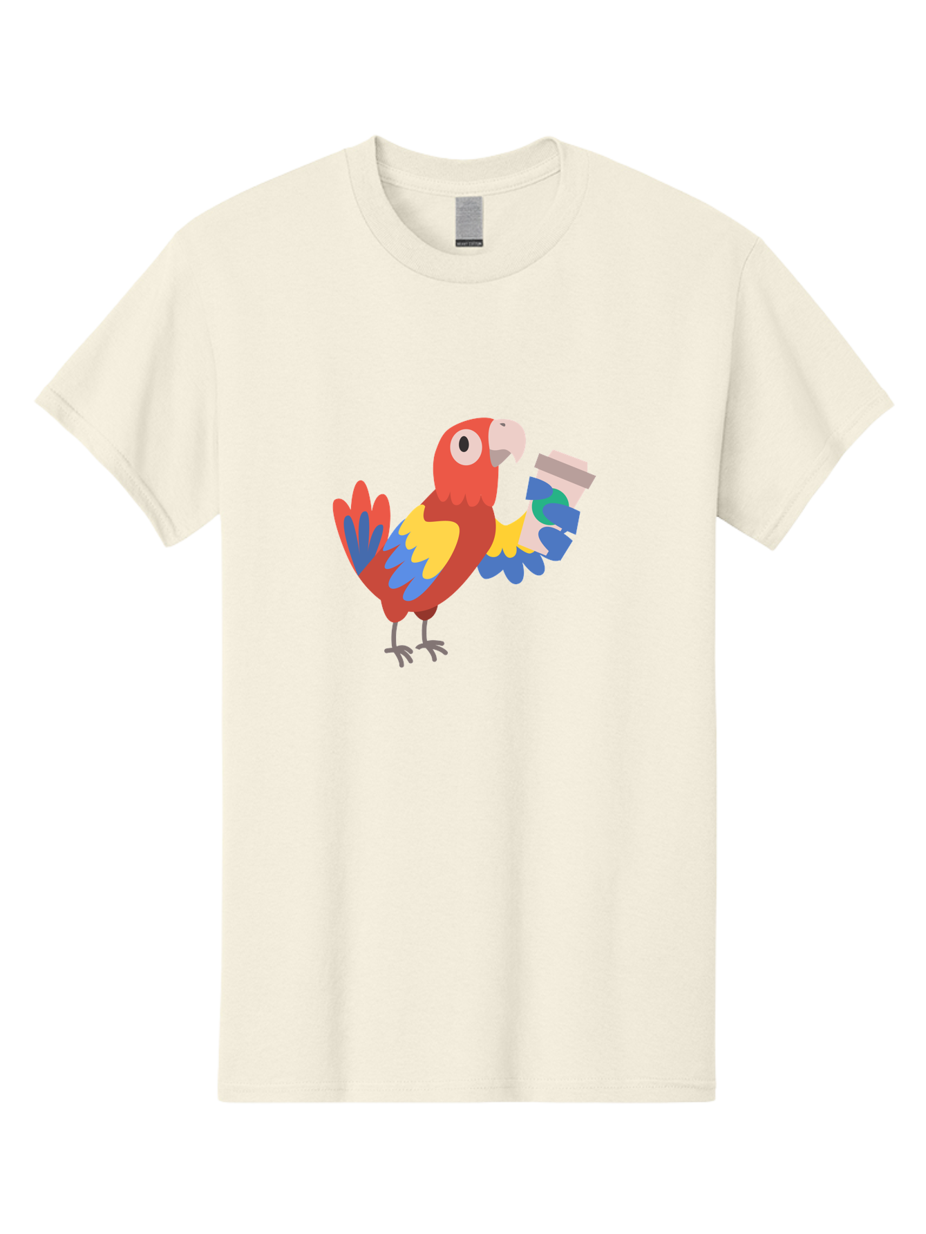 Parrot-Coffee-Cup Men'S Graphic Tee, 100% Cotton, Comfortable Casual Summer Wear, Machine Washable, Parrot Holding Coffee, Cartoon Parrot, Colorful Bird, Coffee Lover, Vibrant Plumage, Cartoon Character, Funny Parrot, Coffee Break, Aab859