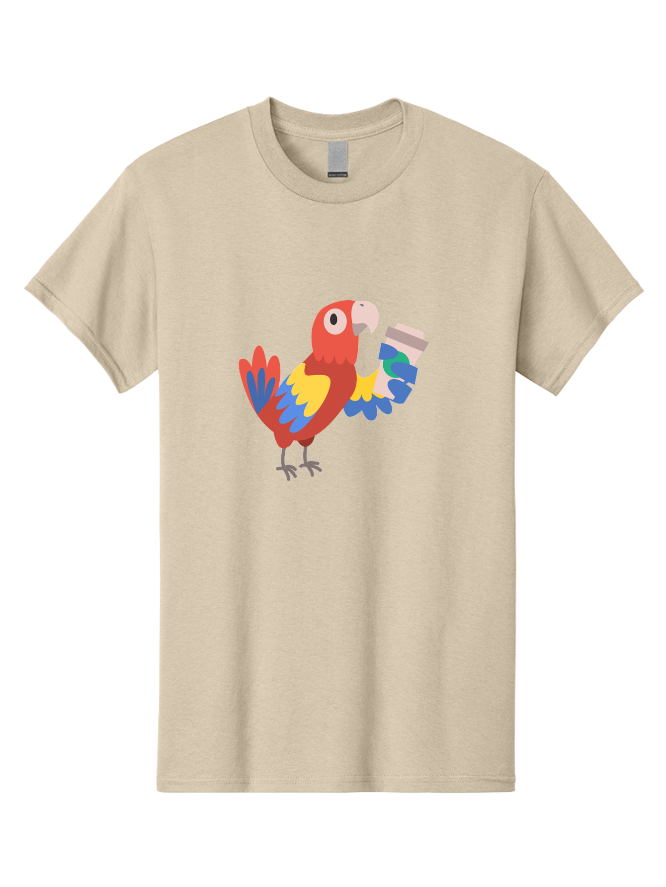 Parrot-Coffee-Cup Men'S Graphic Tee, 100% Cotton, Comfortable Casual Summer Wear, Machine Washable, Parrot Holding Coffee, Cartoon Parrot, Colorful Bird, Coffee Lover, Vibrant Plumage, Cartoon Character, Funny Parrot, Coffee Break, Aab859