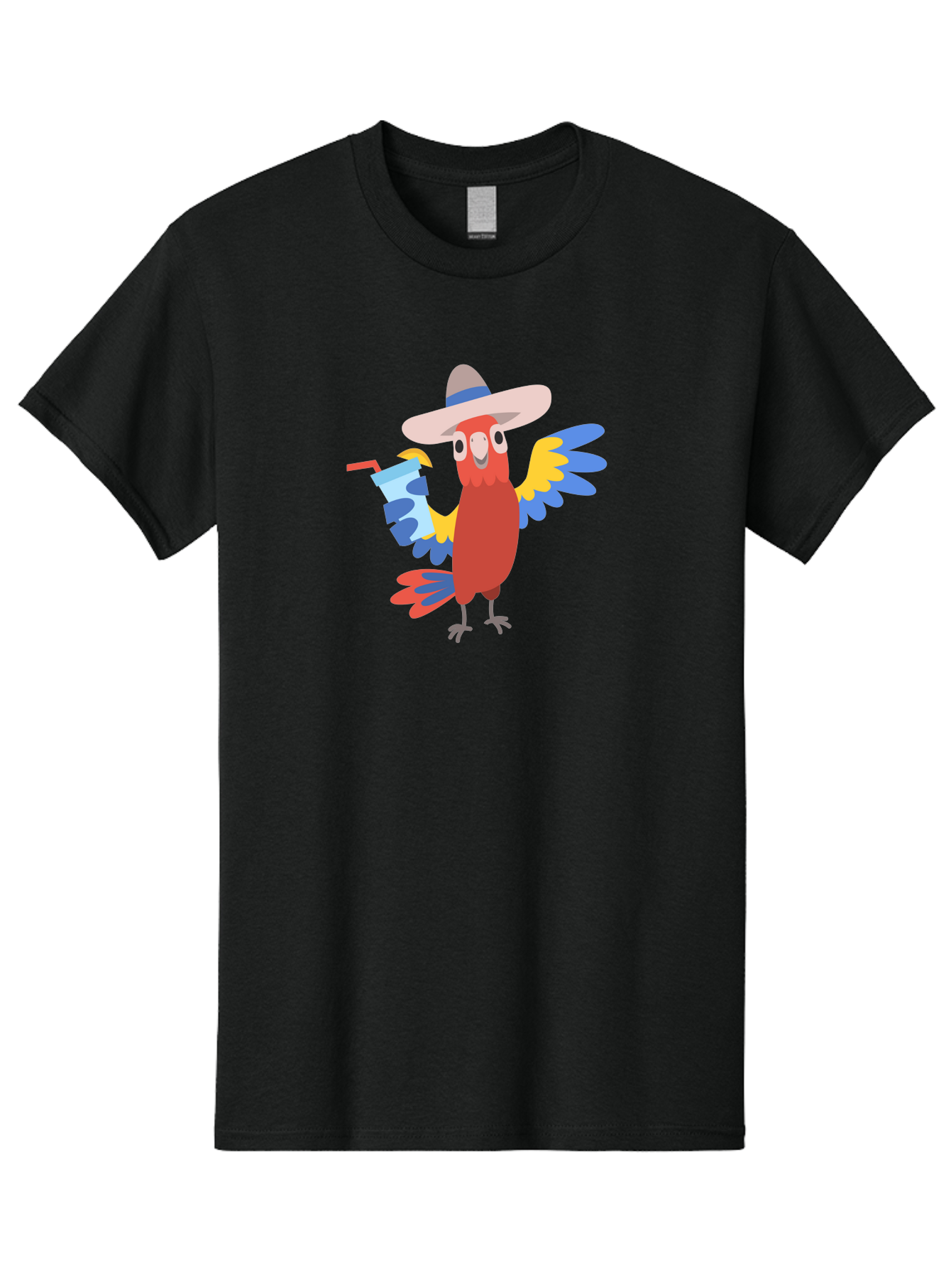 Parrot-Hat-Drink Men'S Graphic Tee, 100% Cotton, Comfortable Casual Summer Wear, Machine Washable, Colorful Parrot, Cartoon Parrot, Tropical Bird, Blue And Yellow Wings, Red Body, Large Hat, Striped Band, Cold Drink, Straw, Funny Character, Aab860