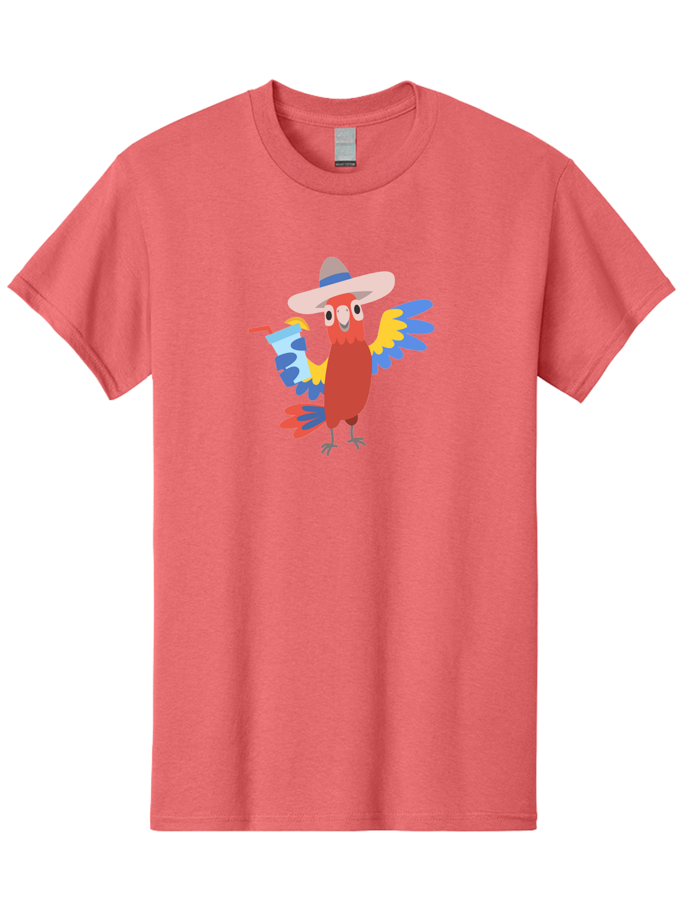 Parrot-Hat-Drink Men'S Graphic Tee, 100% Cotton, Comfortable Casual Summer Wear, Machine Washable, Colorful Parrot, Cartoon Parrot, Tropical Bird, Blue And Yellow Wings, Red Body, Large Hat, Striped Band, Cold Drink, Straw, Funny Character, Aab860
