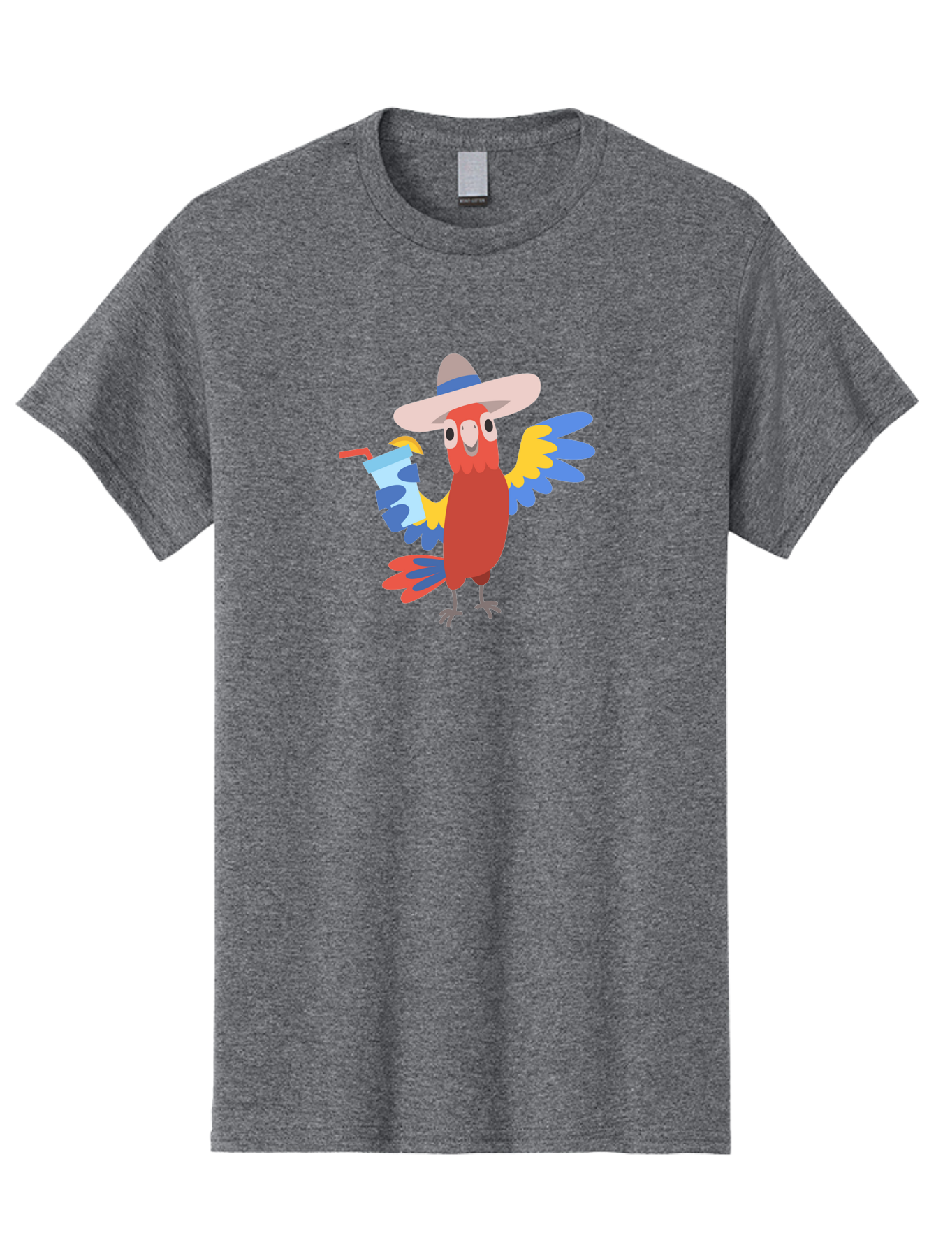 Parrot-Hat-Drink Men'S Graphic Tee, 100% Cotton, Comfortable Casual Summer Wear, Machine Washable, Colorful Parrot, Cartoon Parrot, Tropical Bird, Blue And Yellow Wings, Red Body, Large Hat, Striped Band, Cold Drink, Straw, Funny Character, Aab860