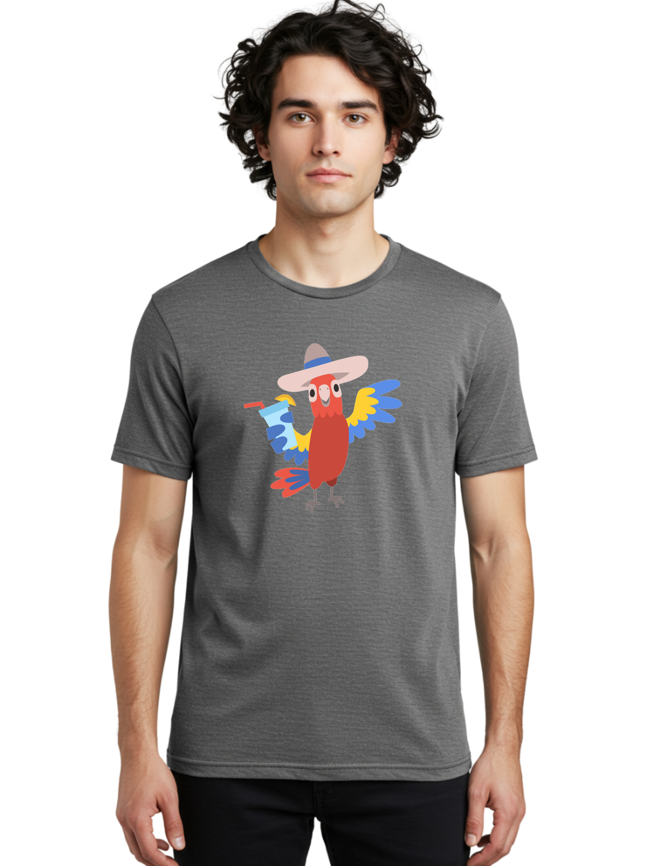 Parrot-Hat-Drink Men'S Graphic Tee, 100% Cotton, Comfortable Casual Summer Wear, Machine Washable, Colorful Parrot, Cartoon Parrot, Tropical Bird, Blue And Yellow Wings, Red Body, Large Hat, Striped Band, Cold Drink, Straw, Funny Character, Aab860