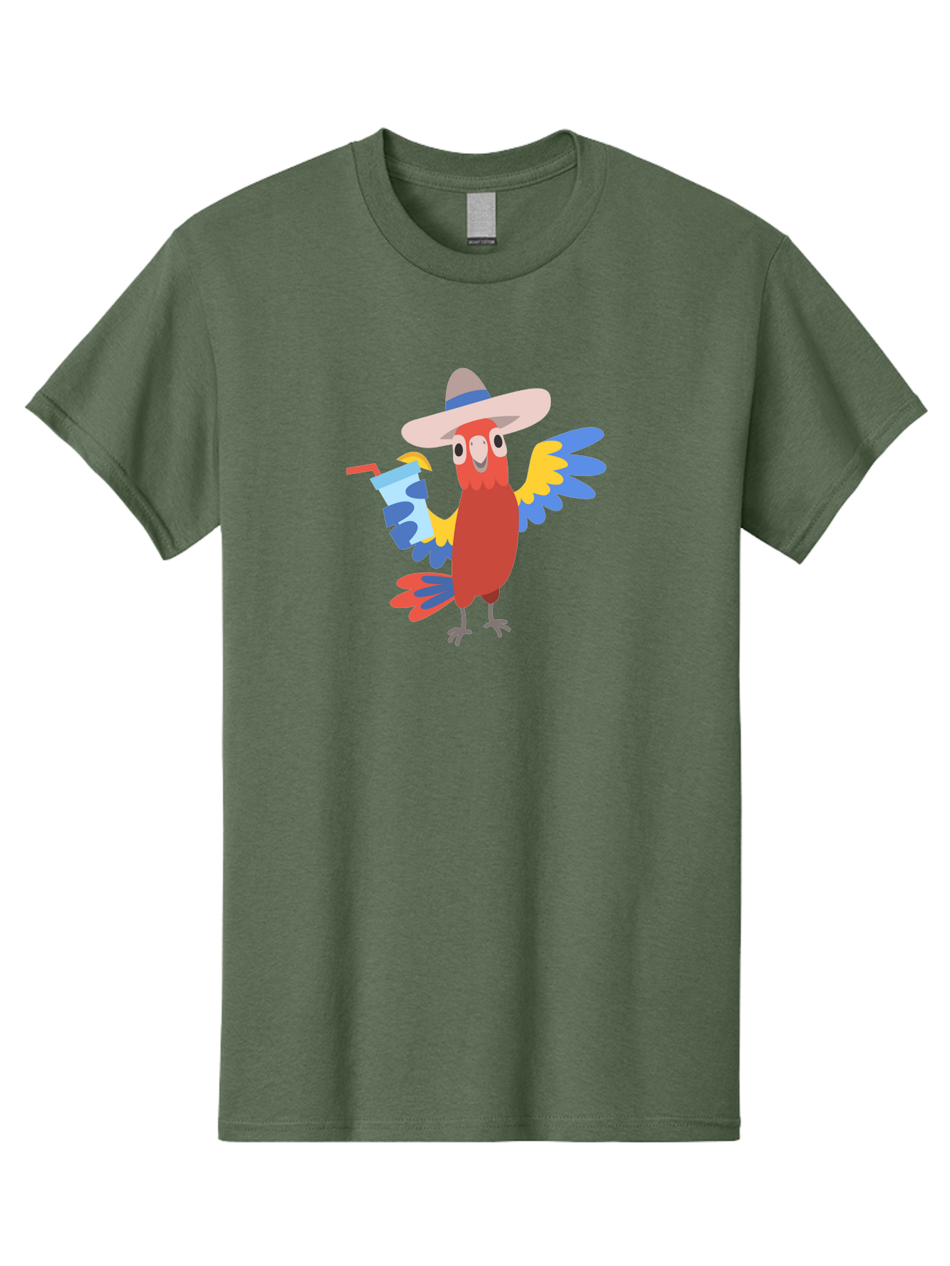 Parrot-Hat-Drink Men'S Graphic Tee, 100% Cotton, Comfortable Casual Summer Wear, Machine Washable, Colorful Parrot, Cartoon Parrot, Tropical Bird, Blue And Yellow Wings, Red Body, Large Hat, Striped Band, Cold Drink, Straw, Funny Character, Aab860