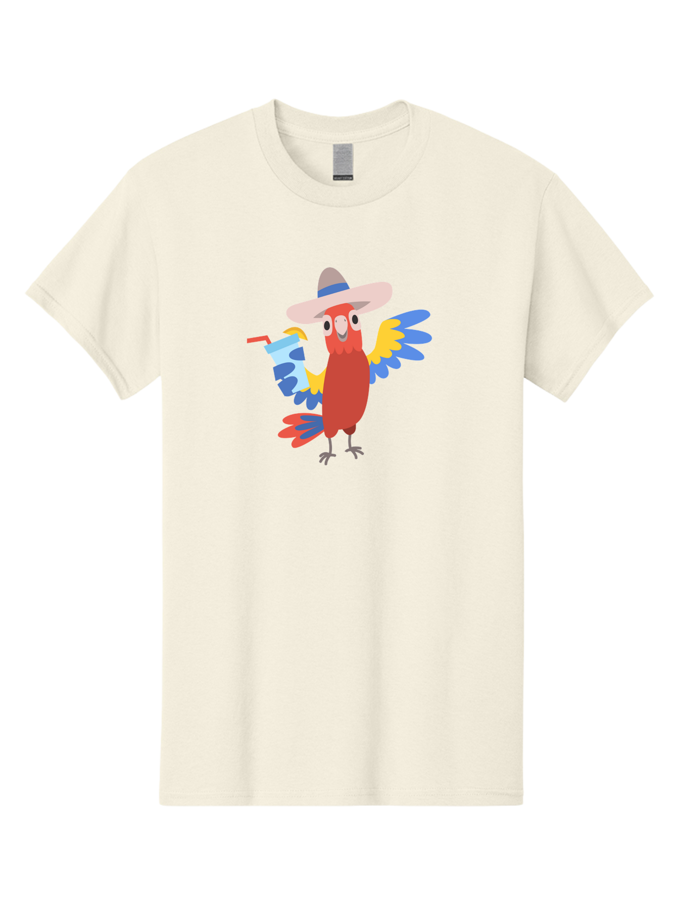 Parrot-Hat-Drink Men'S Graphic Tee, 100% Cotton, Comfortable Casual Summer Wear, Machine Washable, Colorful Parrot, Cartoon Parrot, Tropical Bird, Blue And Yellow Wings, Red Body, Large Hat, Striped Band, Cold Drink, Straw, Funny Character, Aab860