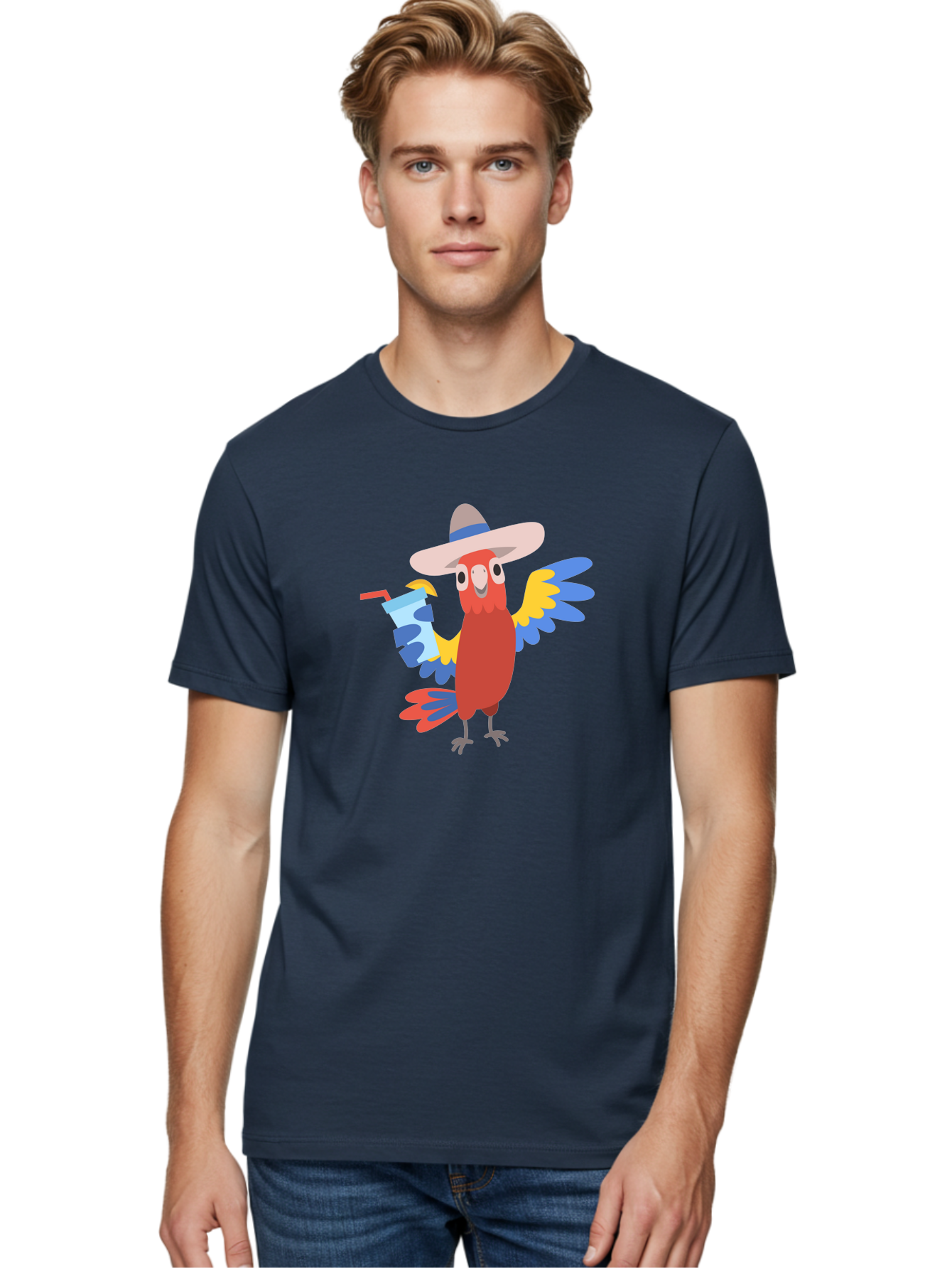 Parrot-Hat-Drink Men'S Graphic Tee, 100% Cotton, Comfortable Casual Summer Wear, Machine Washable, Colorful Parrot, Cartoon Parrot, Tropical Bird, Blue And Yellow Wings, Red Body, Large Hat, Striped Band, Cold Drink, Straw, Funny Character, Aab860