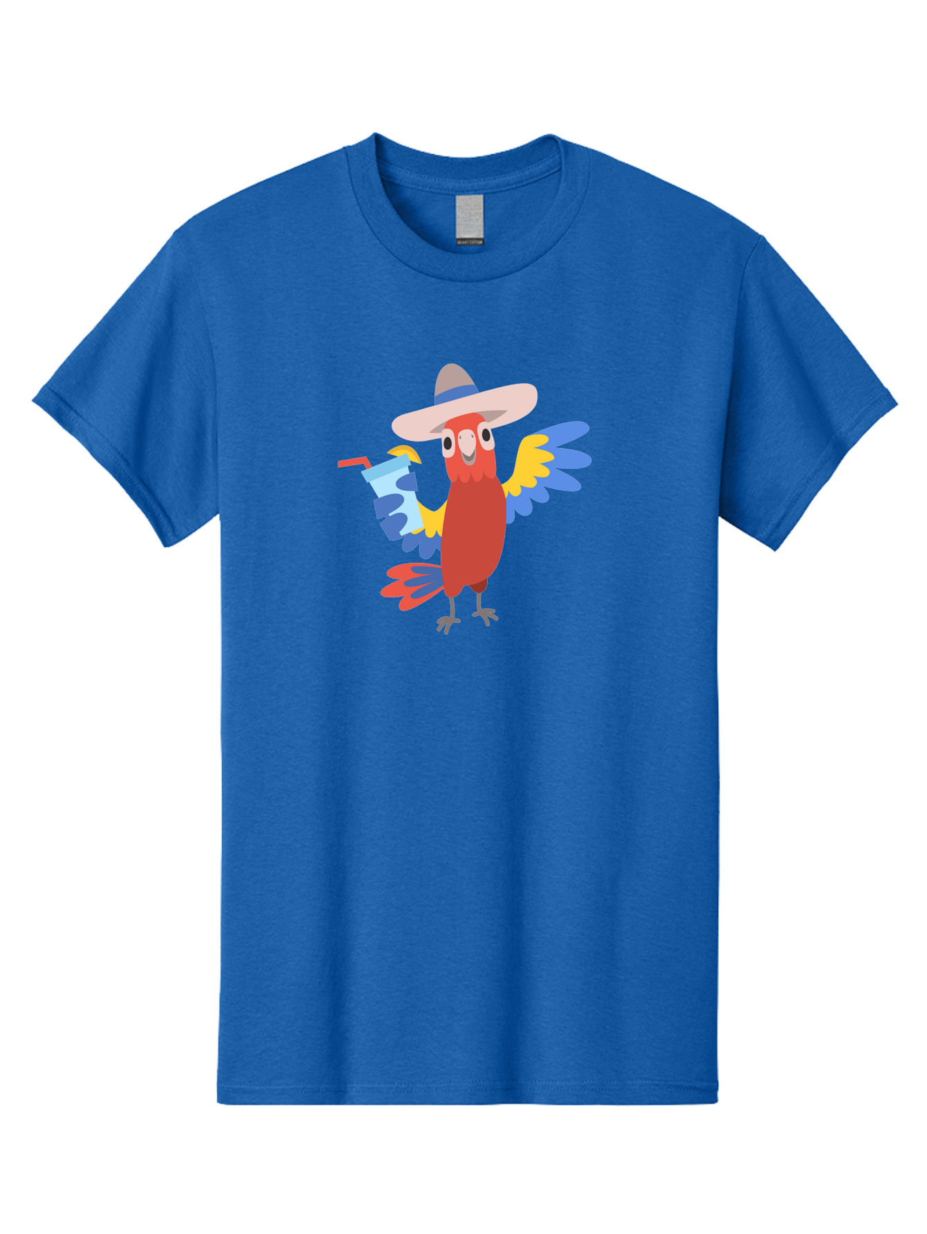 Parrot-Hat-Drink Men'S Graphic Tee, 100% Cotton, Comfortable Casual Summer Wear, Machine Washable, Colorful Parrot, Cartoon Parrot, Tropical Bird, Blue And Yellow Wings, Red Body, Large Hat, Striped Band, Cold Drink, Straw, Funny Character, Aab860