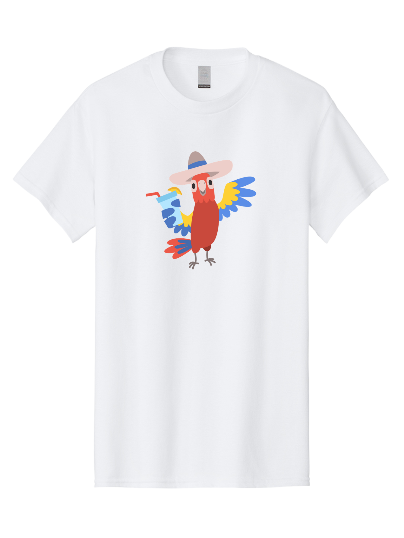 Parrot-Hat-Drink Men'S Graphic Tee, 100% Cotton, Comfortable Casual Summer Wear, Machine Washable, Colorful Parrot, Cartoon Parrot, Tropical Bird, Blue And Yellow Wings, Red Body, Large Hat, Striped Band, Cold Drink, Straw, Funny Character, Aab860