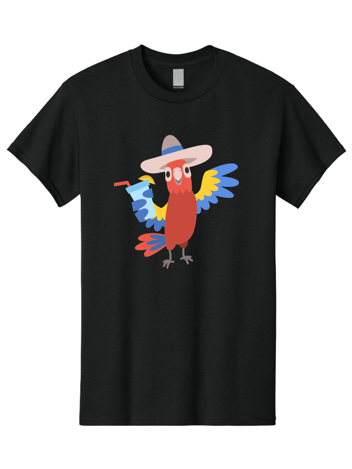 Parrot-In-Hat Men'S Graphic Tee, 100% Cotton, Comfortable Casual Summer Wear, Machine Washable, Colorful Cartoon Parrot, Tropical Bird, Cartoon Character, Wide-Brimmed Hat, Straw Hat, Festive Atmosphere, Playful Design, Vibrant Colors, Aab863