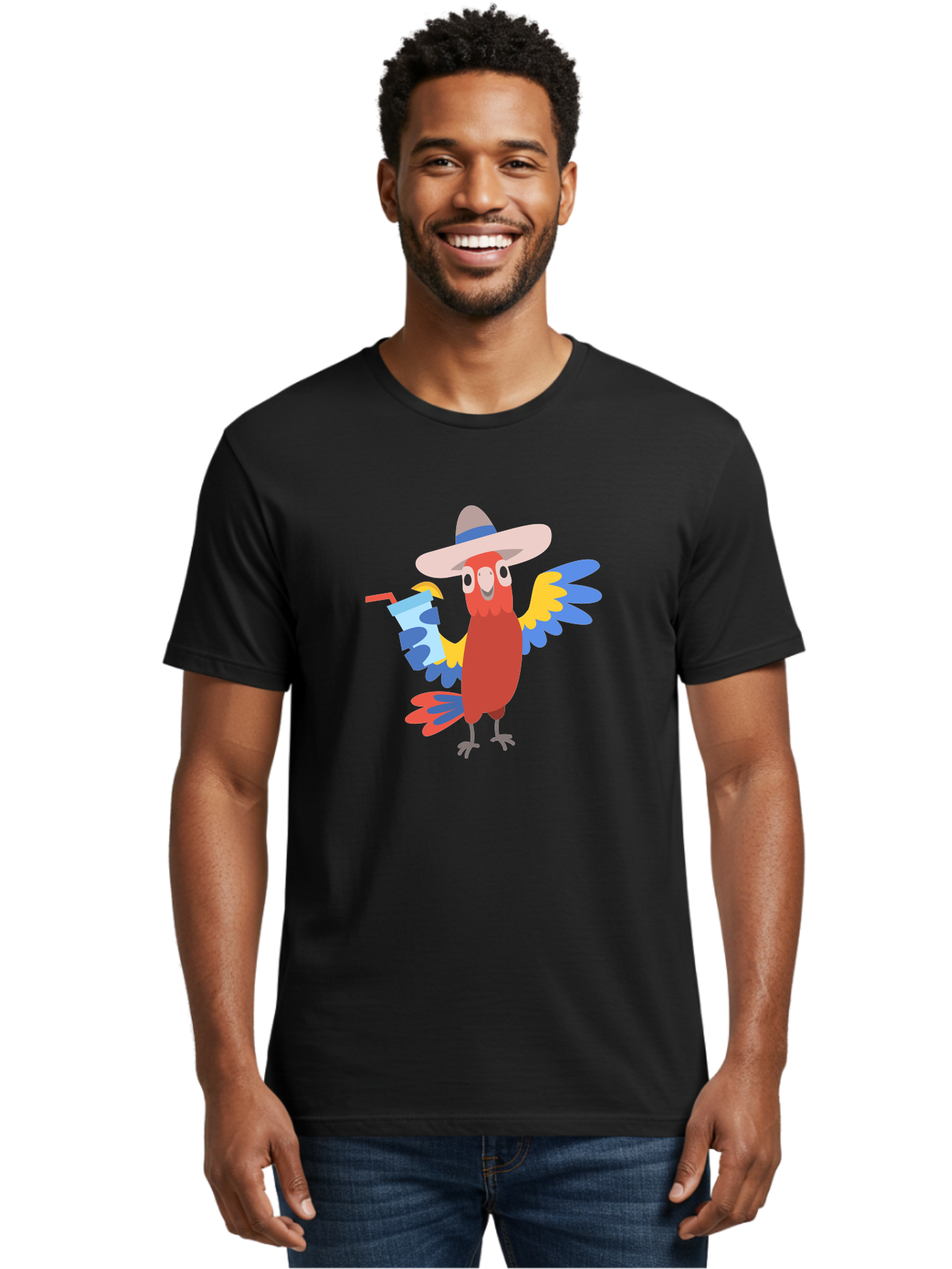 Parrot-In-Hat Men'S Graphic Tee, 100% Cotton, Comfortable Casual Summer Wear, Machine Washable, Colorful Cartoon Parrot, Tropical Bird, Cartoon Character, Wide-Brimmed Hat, Straw Hat, Festive Atmosphere, Playful Design, Vibrant Colors, Aab863