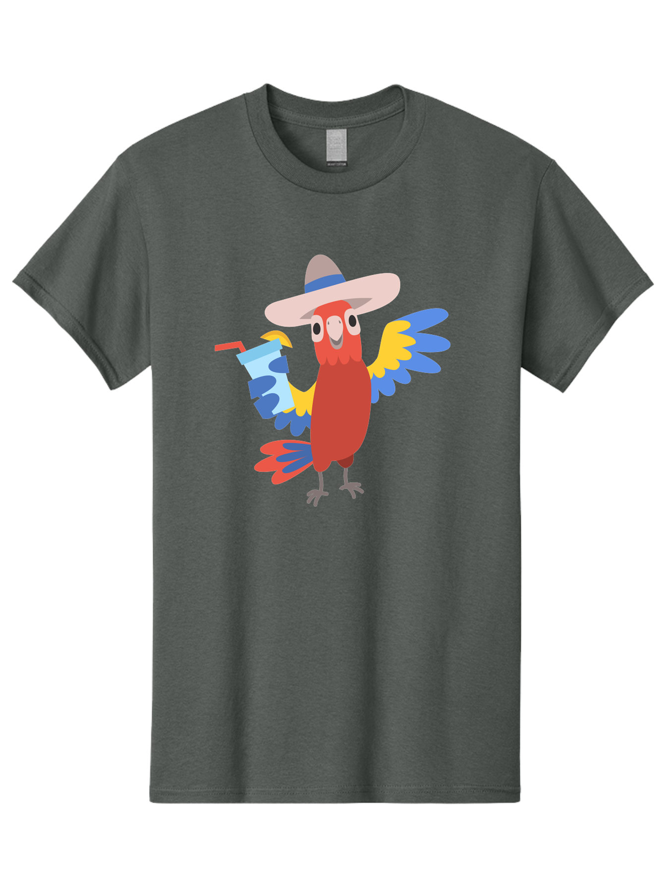 Parrot-In-Hat Men'S Graphic Tee, 100% Cotton, Comfortable Casual Summer Wear, Machine Washable, Colorful Cartoon Parrot, Tropical Bird, Cartoon Character, Wide-Brimmed Hat, Straw Hat, Festive Atmosphere, Playful Design, Vibrant Colors, Aab863
