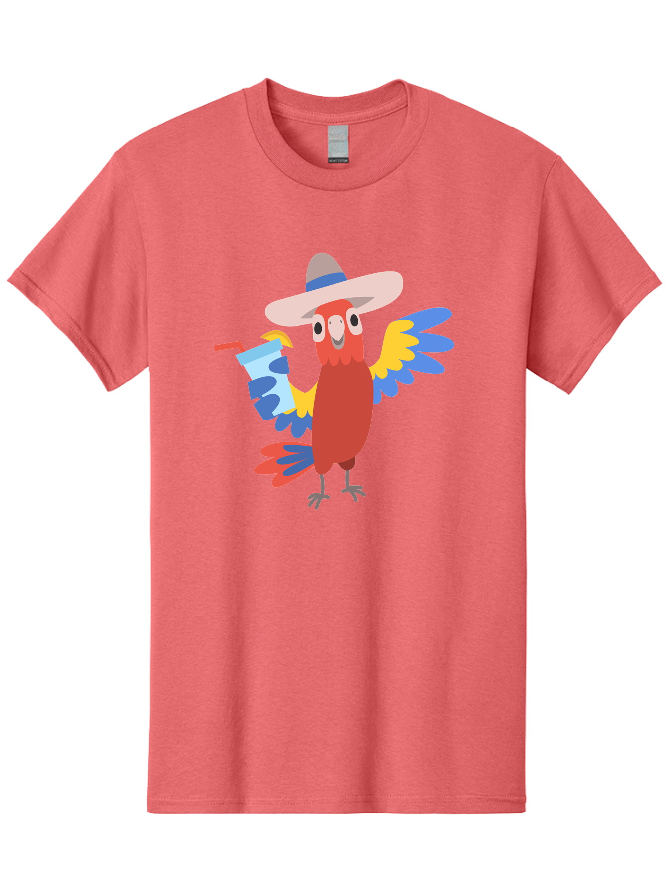 Parrot-In-Hat Men'S Graphic Tee, 100% Cotton, Comfortable Casual Summer Wear, Machine Washable, Colorful Cartoon Parrot, Tropical Bird, Cartoon Character, Wide-Brimmed Hat, Straw Hat, Festive Atmosphere, Playful Design, Vibrant Colors, Aab863