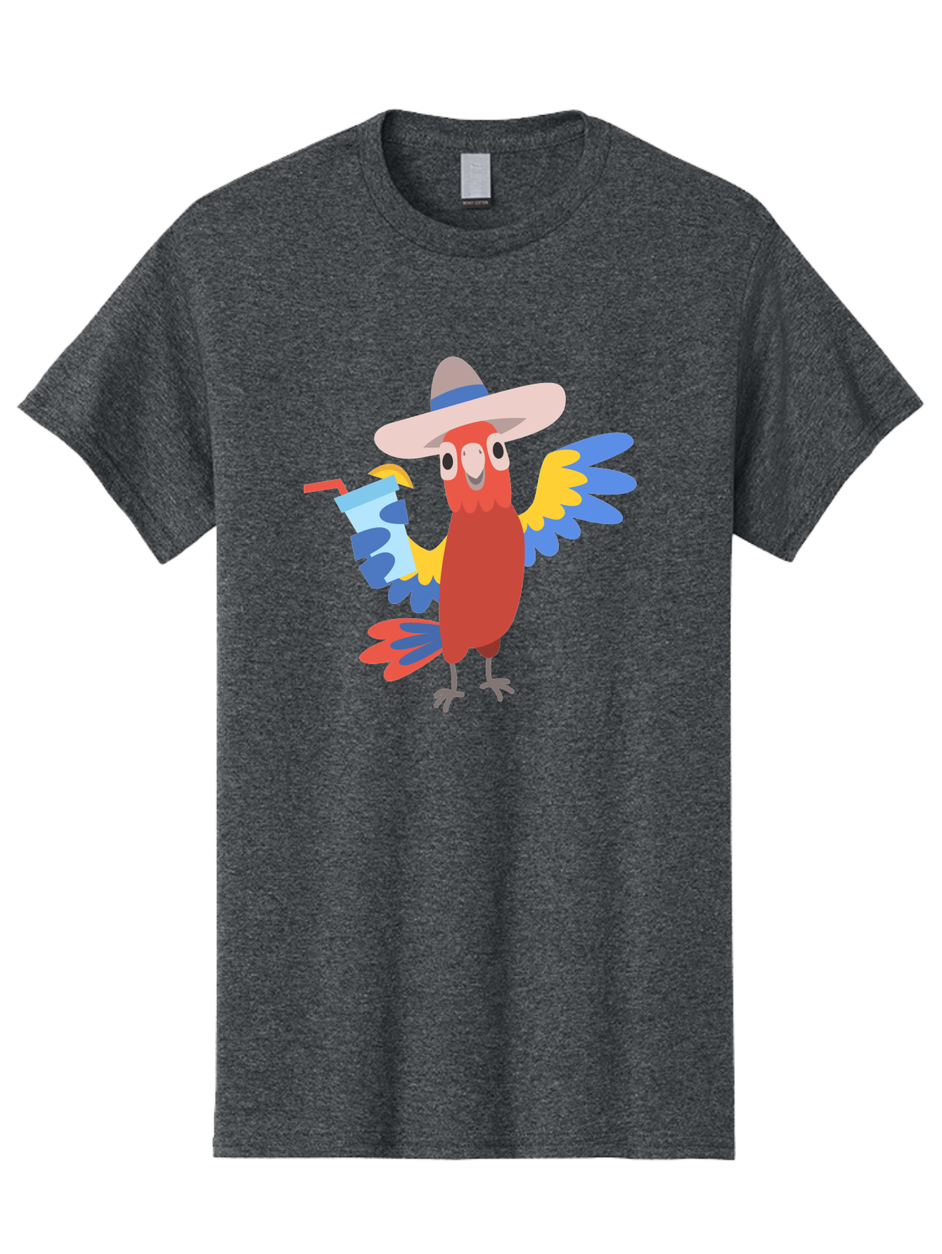 Parrot-In-Hat Men'S Graphic Tee, 100% Cotton, Comfortable Casual Summer Wear, Machine Washable, Colorful Cartoon Parrot, Tropical Bird, Cartoon Character, Wide-Brimmed Hat, Straw Hat, Festive Atmosphere, Playful Design, Vibrant Colors, Aab863