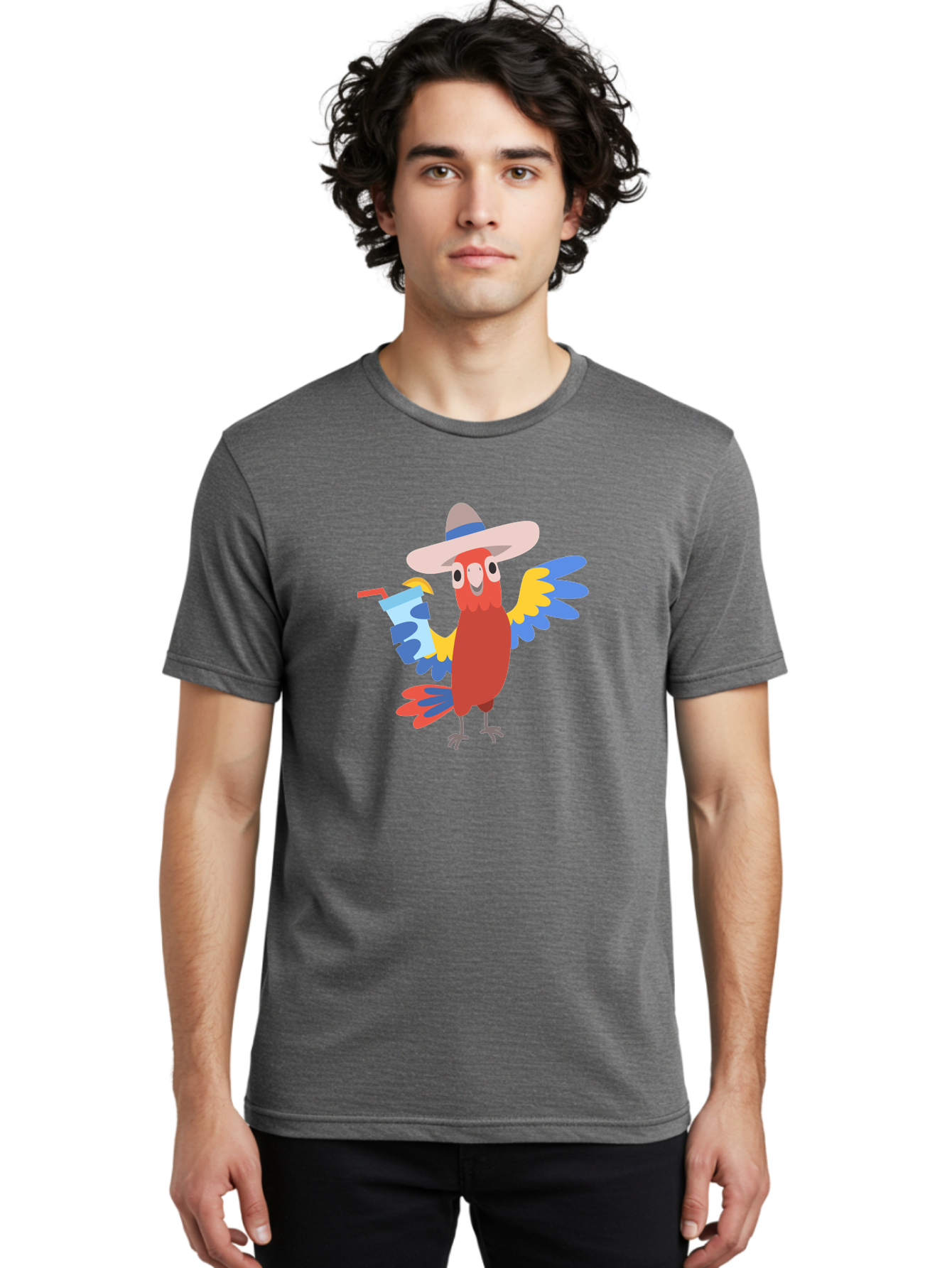 Parrot-In-Hat Men'S Graphic Tee, 100% Cotton, Comfortable Casual Summer Wear, Machine Washable, Colorful Cartoon Parrot, Tropical Bird, Cartoon Character, Wide-Brimmed Hat, Straw Hat, Festive Atmosphere, Playful Design, Vibrant Colors, Aab863