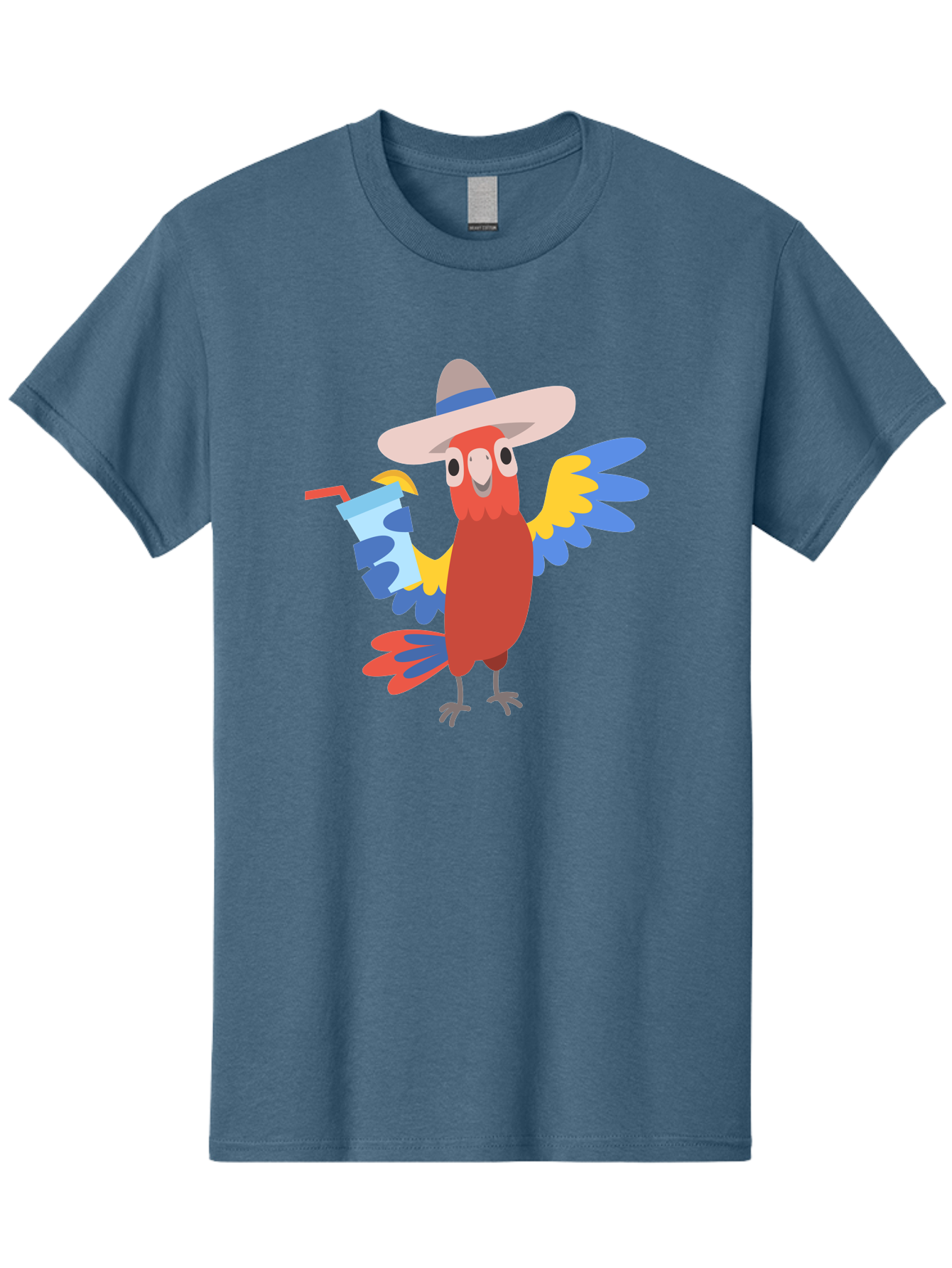 Parrot-In-Hat Men'S Graphic Tee, 100% Cotton, Comfortable Casual Summer Wear, Machine Washable, Colorful Cartoon Parrot, Tropical Bird, Cartoon Character, Wide-Brimmed Hat, Straw Hat, Festive Atmosphere, Playful Design, Vibrant Colors, Aab863