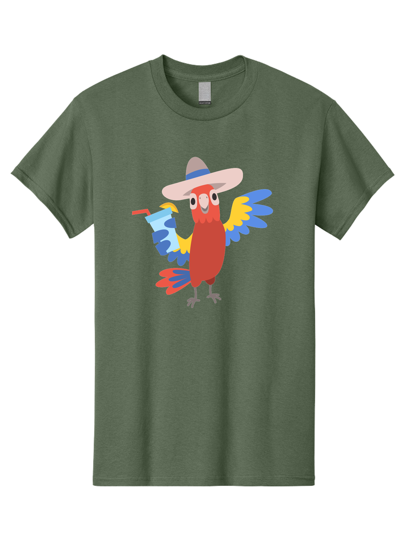 Parrot-In-Hat Men'S Graphic Tee, 100% Cotton, Comfortable Casual Summer Wear, Machine Washable, Colorful Cartoon Parrot, Tropical Bird, Cartoon Character, Wide-Brimmed Hat, Straw Hat, Festive Atmosphere, Playful Design, Vibrant Colors, Aab863