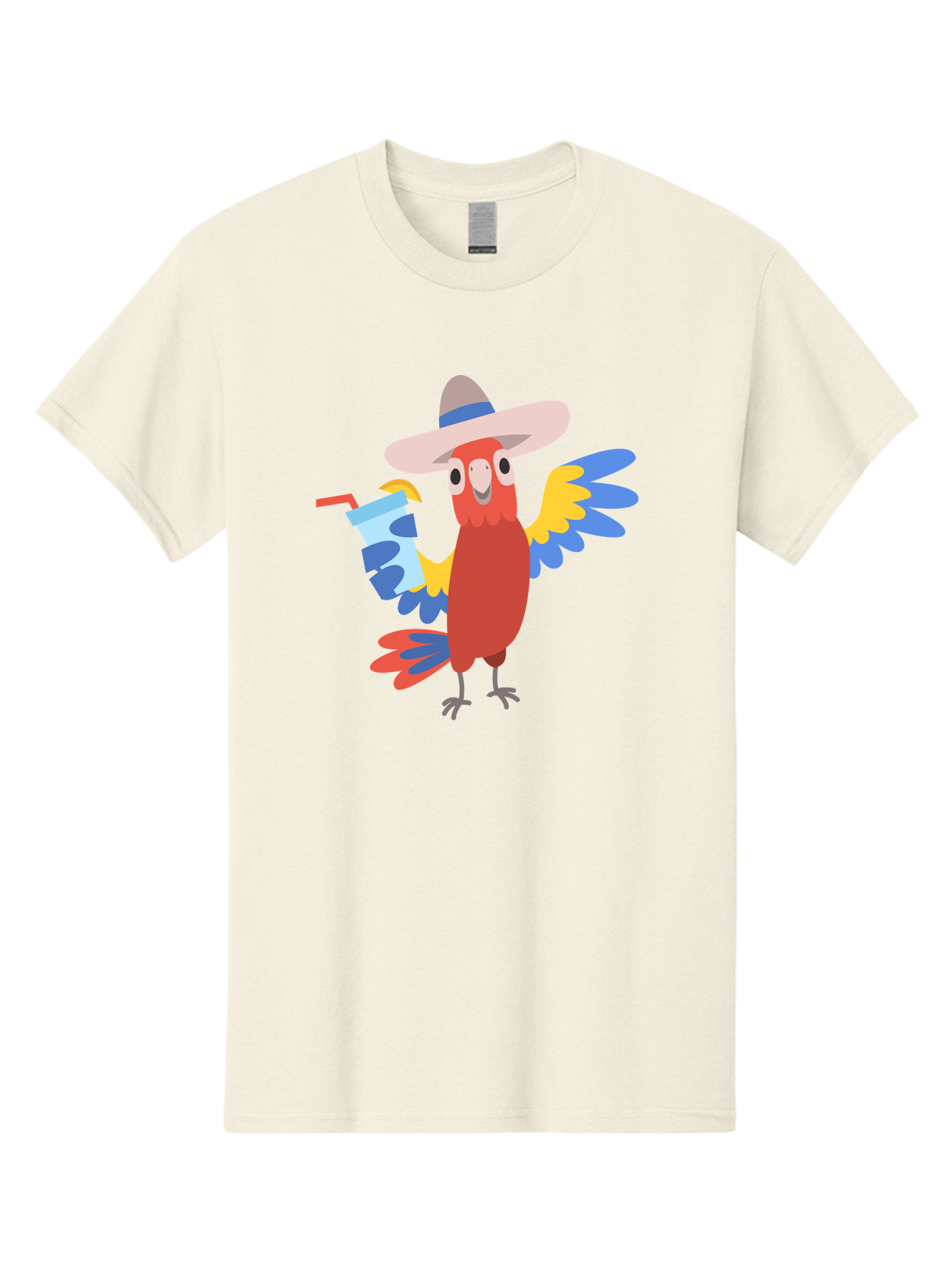 Parrot-In-Hat Men'S Graphic Tee, 100% Cotton, Comfortable Casual Summer Wear, Machine Washable, Colorful Cartoon Parrot, Tropical Bird, Cartoon Character, Wide-Brimmed Hat, Straw Hat, Festive Atmosphere, Playful Design, Vibrant Colors, Aab863