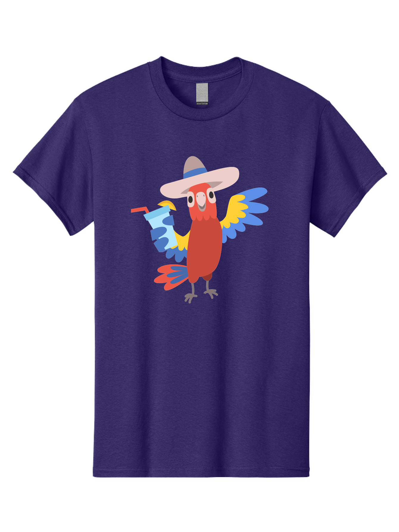 Parrot-In-Hat Men'S Graphic Tee, 100% Cotton, Comfortable Casual Summer Wear, Machine Washable, Colorful Cartoon Parrot, Tropical Bird, Cartoon Character, Wide-Brimmed Hat, Straw Hat, Festive Atmosphere, Playful Design, Vibrant Colors, Aab863