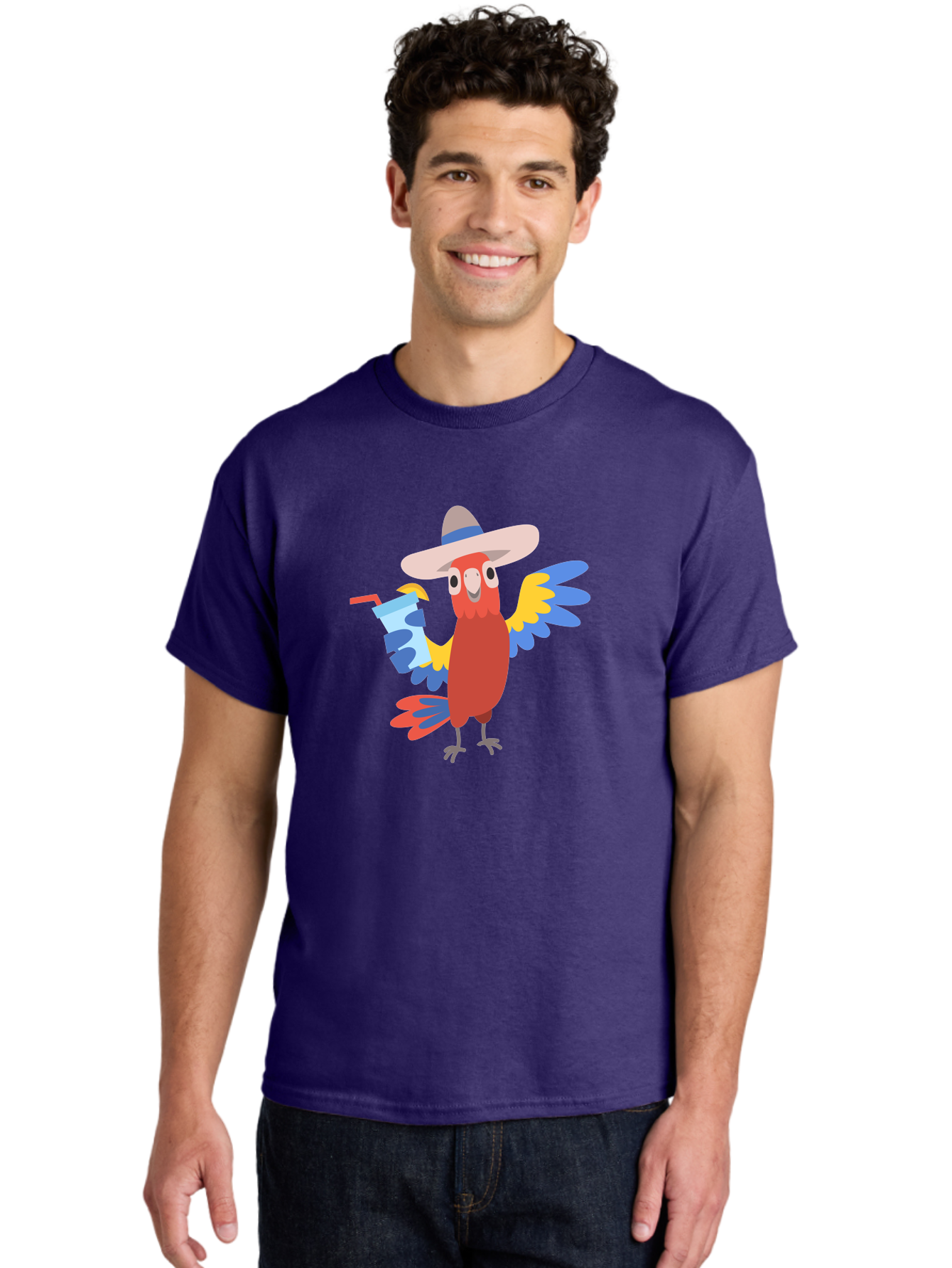Parrot-In-Hat Men'S Graphic Tee, 100% Cotton, Comfortable Casual Summer Wear, Machine Washable, Colorful Cartoon Parrot, Tropical Bird, Cartoon Character, Wide-Brimmed Hat, Straw Hat, Festive Atmosphere, Playful Design, Vibrant Colors, Aab863