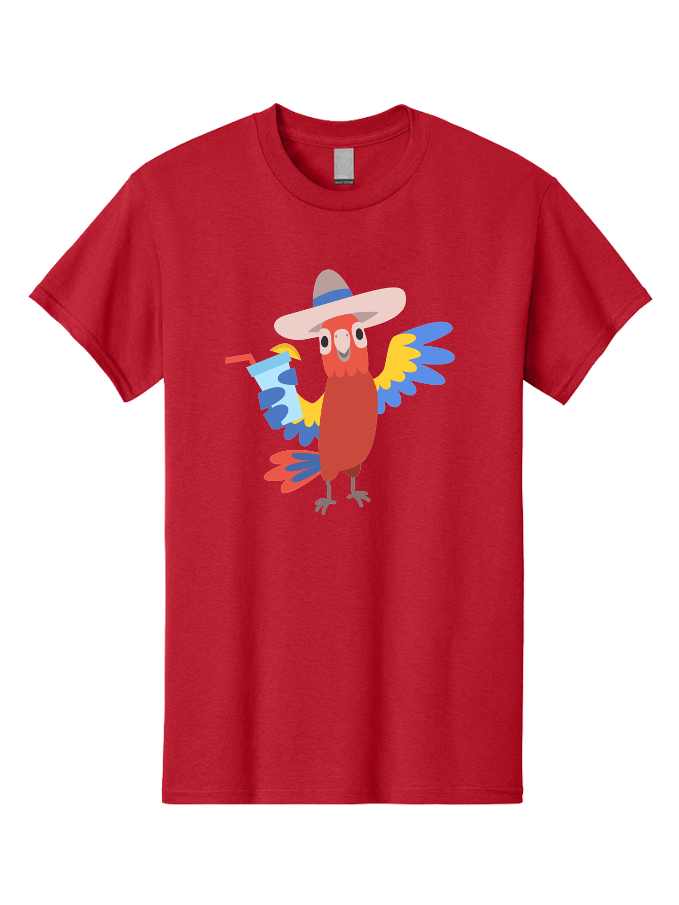Parrot-In-Hat Men'S Graphic Tee, 100% Cotton, Comfortable Casual Summer Wear, Machine Washable, Colorful Cartoon Parrot, Tropical Bird, Cartoon Character, Wide-Brimmed Hat, Straw Hat, Festive Atmosphere, Playful Design, Vibrant Colors, Aab863