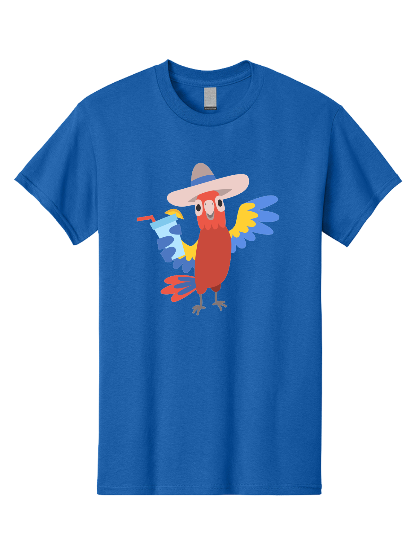 Parrot-In-Hat Men'S Graphic Tee, 100% Cotton, Comfortable Casual Summer Wear, Machine Washable, Colorful Cartoon Parrot, Tropical Bird, Cartoon Character, Wide-Brimmed Hat, Straw Hat, Festive Atmosphere, Playful Design, Vibrant Colors, Aab863