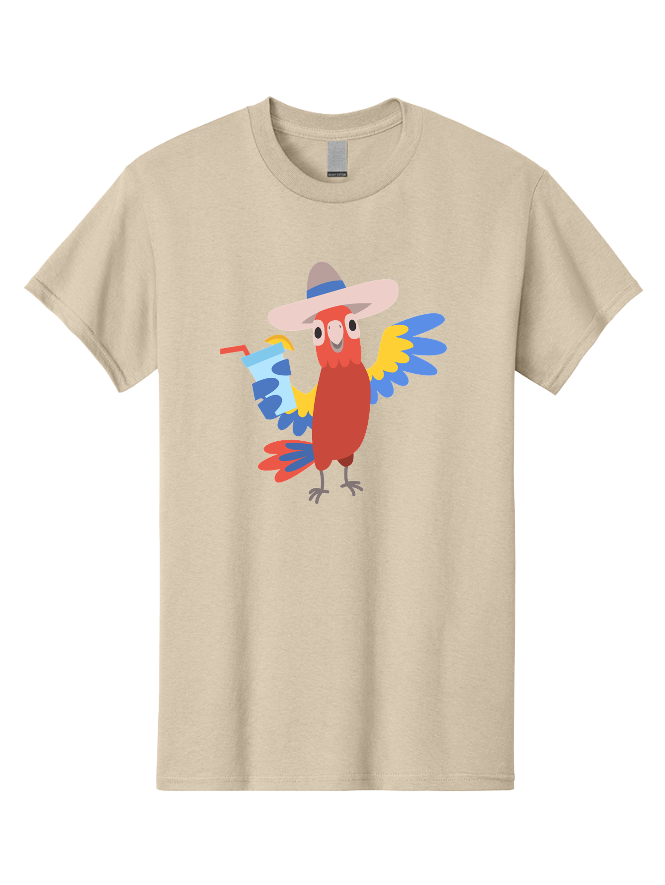 Parrot-In-Hat Men'S Graphic Tee, 100% Cotton, Comfortable Casual Summer Wear, Machine Washable, Colorful Cartoon Parrot, Tropical Bird, Cartoon Character, Wide-Brimmed Hat, Straw Hat, Festive Atmosphere, Playful Design, Vibrant Colors, Aab863