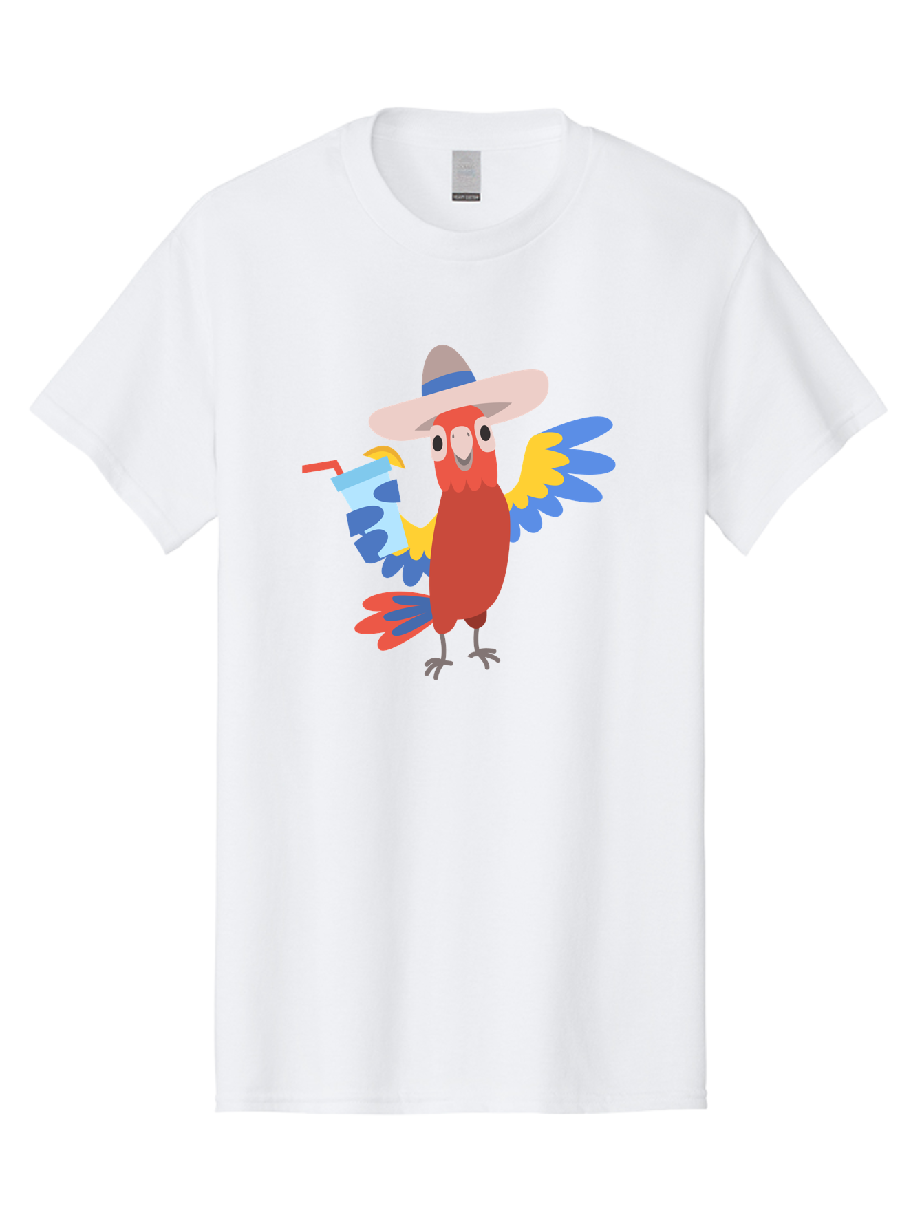 Parrot-In-Hat Men'S Graphic Tee, 100% Cotton, Comfortable Casual Summer Wear, Machine Washable, Colorful Cartoon Parrot, Tropical Bird, Cartoon Character, Wide-Brimmed Hat, Straw Hat, Festive Atmosphere, Playful Design, Vibrant Colors, Aab863