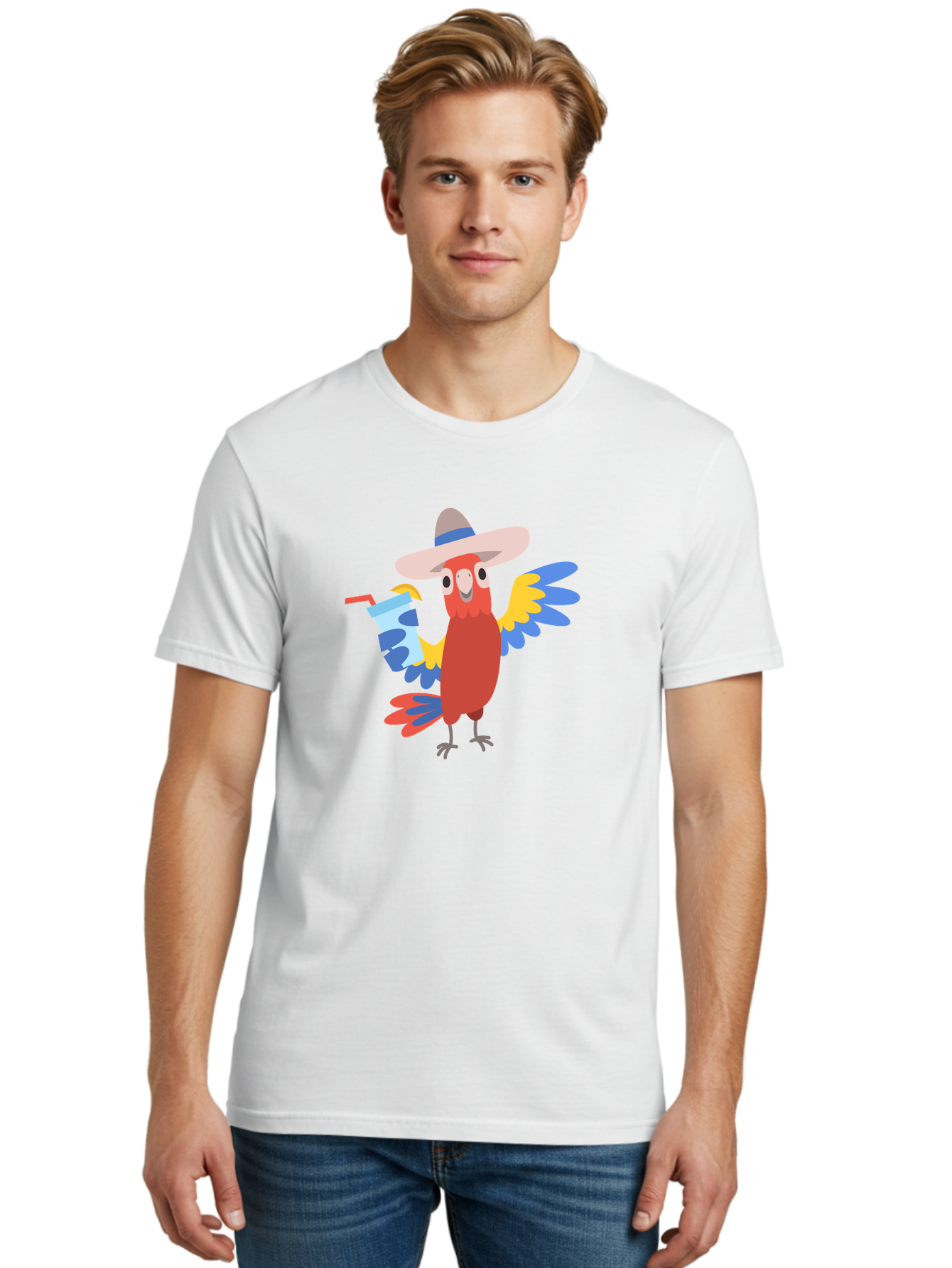 Parrot-In-Hat Men'S Graphic Tee, 100% Cotton, Comfortable Casual Summer Wear, Machine Washable, Colorful Cartoon Parrot, Tropical Bird, Cartoon Character, Wide-Brimmed Hat, Straw Hat, Festive Atmosphere, Playful Design, Vibrant Colors, Aab863