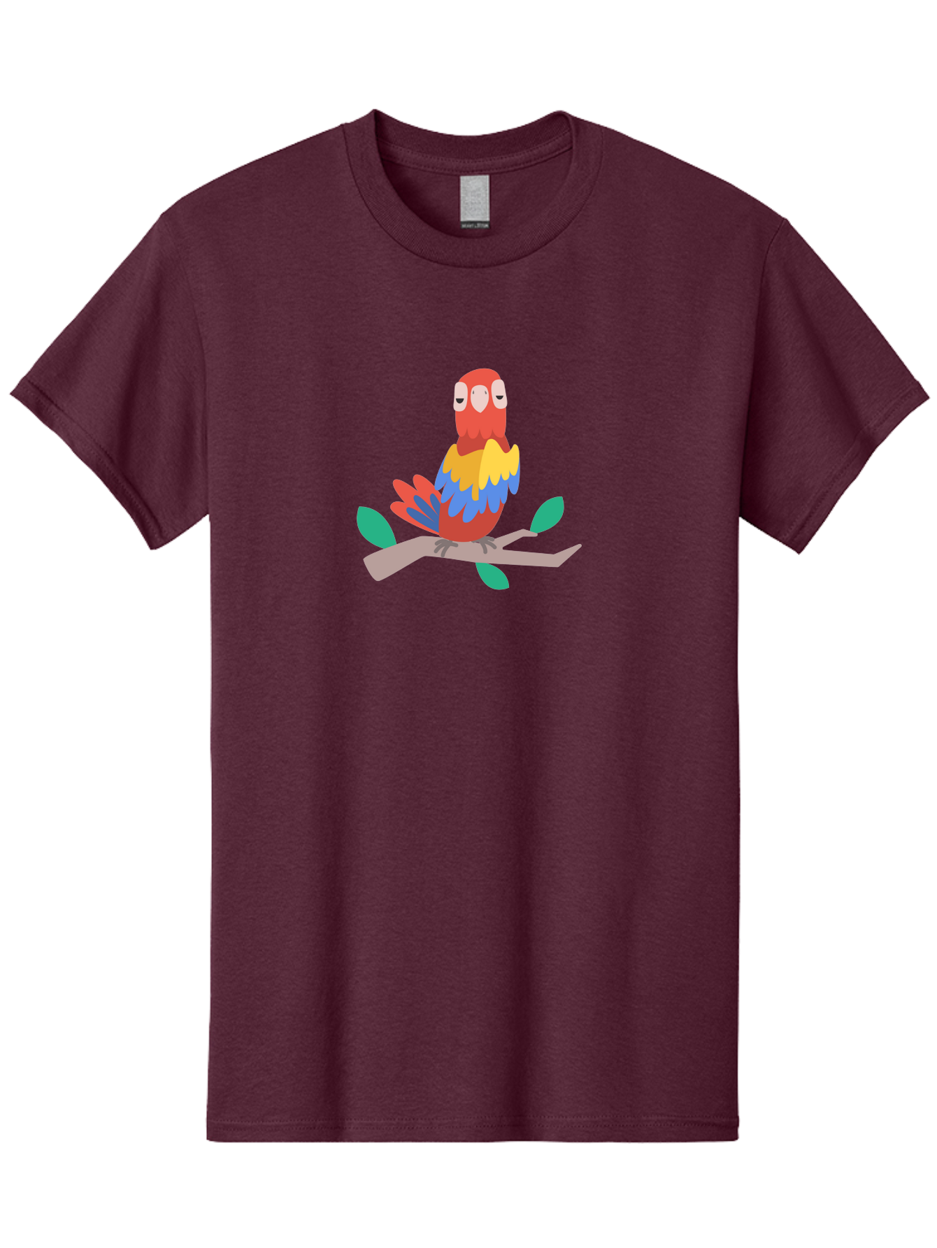 Parrot-On-Branch Men'S Graphic Tee, 100% Cotton, Comfortable Casual Summer Wear, Machine Washable, Colorful Parrot, Cartoon Bird, Vibrant Plumage, Red, Blue, And Yellow Feathers, Sitting On A Tree Branch, Green Leaves, Tropical Bird, Aab865