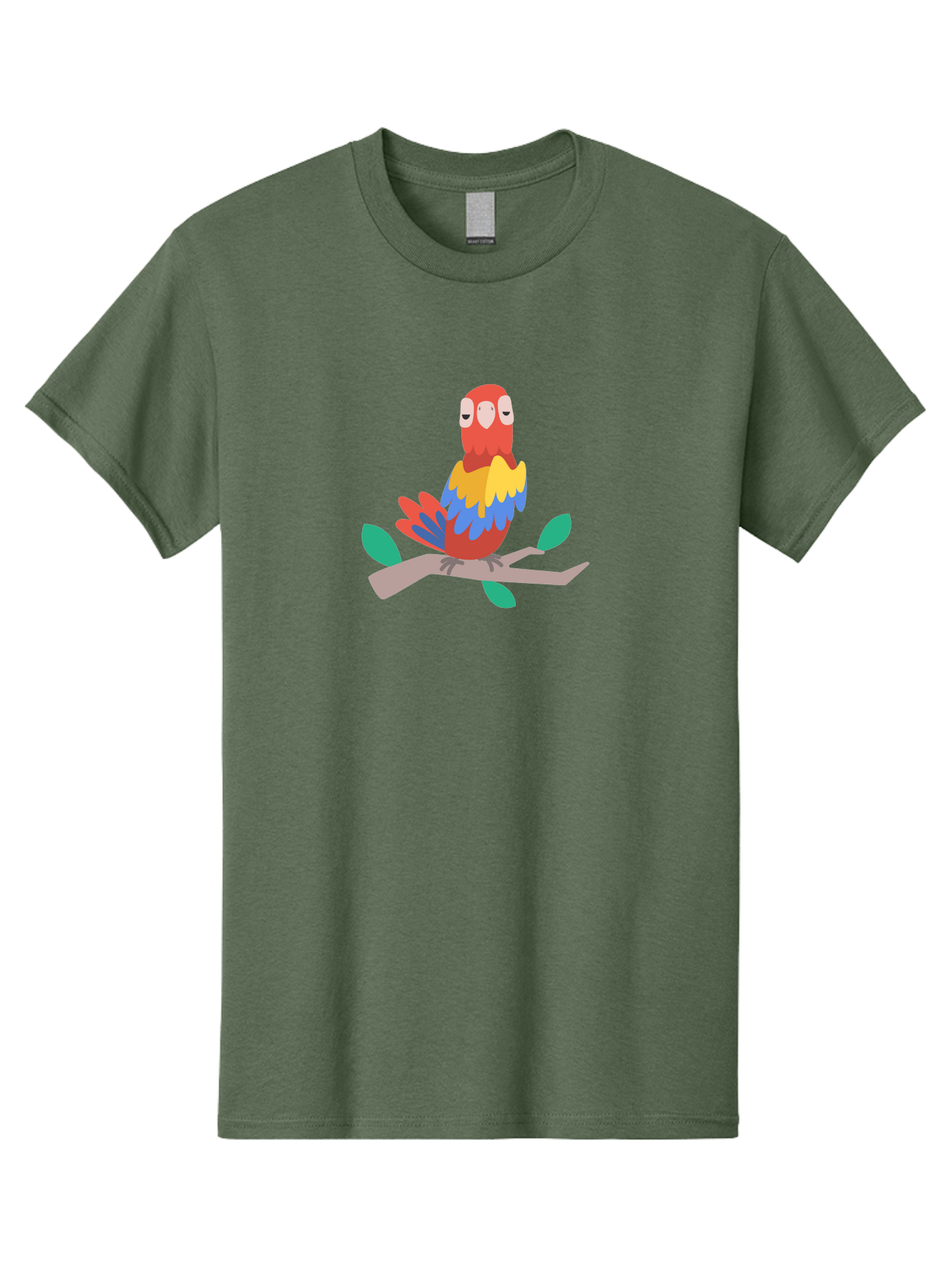 Parrot-On-Branch Men'S Graphic Tee, 100% Cotton, Comfortable Casual Summer Wear, Machine Washable, Colorful Parrot, Cartoon Bird, Vibrant Plumage, Red, Blue, And Yellow Feathers, Sitting On A Tree Branch, Green Leaves, Tropical Bird, Aab865