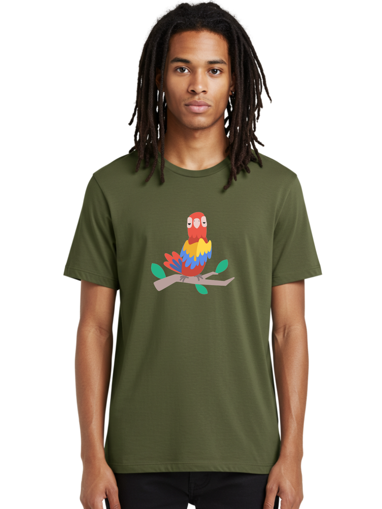 Parrot-On-Branch Men'S Graphic Tee, 100% Cotton, Comfortable Casual Summer Wear, Machine Washable, Colorful Parrot, Cartoon Bird, Vibrant Plumage, Red, Blue, And Yellow Feathers, Sitting On A Tree Branch, Green Leaves, Tropical Bird, Aab865
