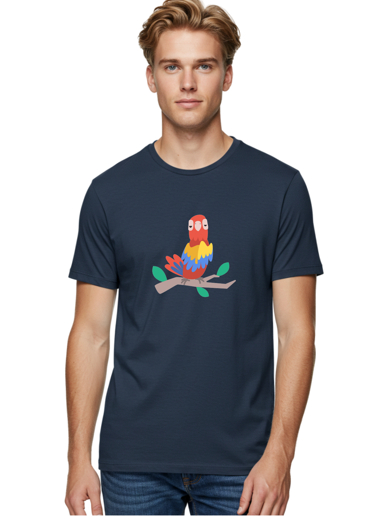 Parrot-On-Branch Men'S Graphic Tee, 100% Cotton, Comfortable Casual Summer Wear, Machine Washable, Colorful Parrot, Cartoon Bird, Vibrant Plumage, Red, Blue, And Yellow Feathers, Sitting On A Tree Branch, Green Leaves, Tropical Bird, Aab865