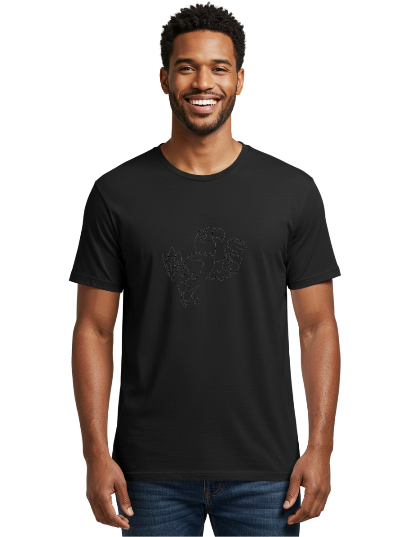 Parrot-With-Coffee Men'S Graphic Tee, 100% Cotton, Comfortable Casual Summer Wear, Machine Washable, Parrot Holding Coffee Cup, Cartoon Bird, Coffee Lover, Funny Animal, Quirky Character, Line Art, Simple Design, Humorous Illustration Aab868
