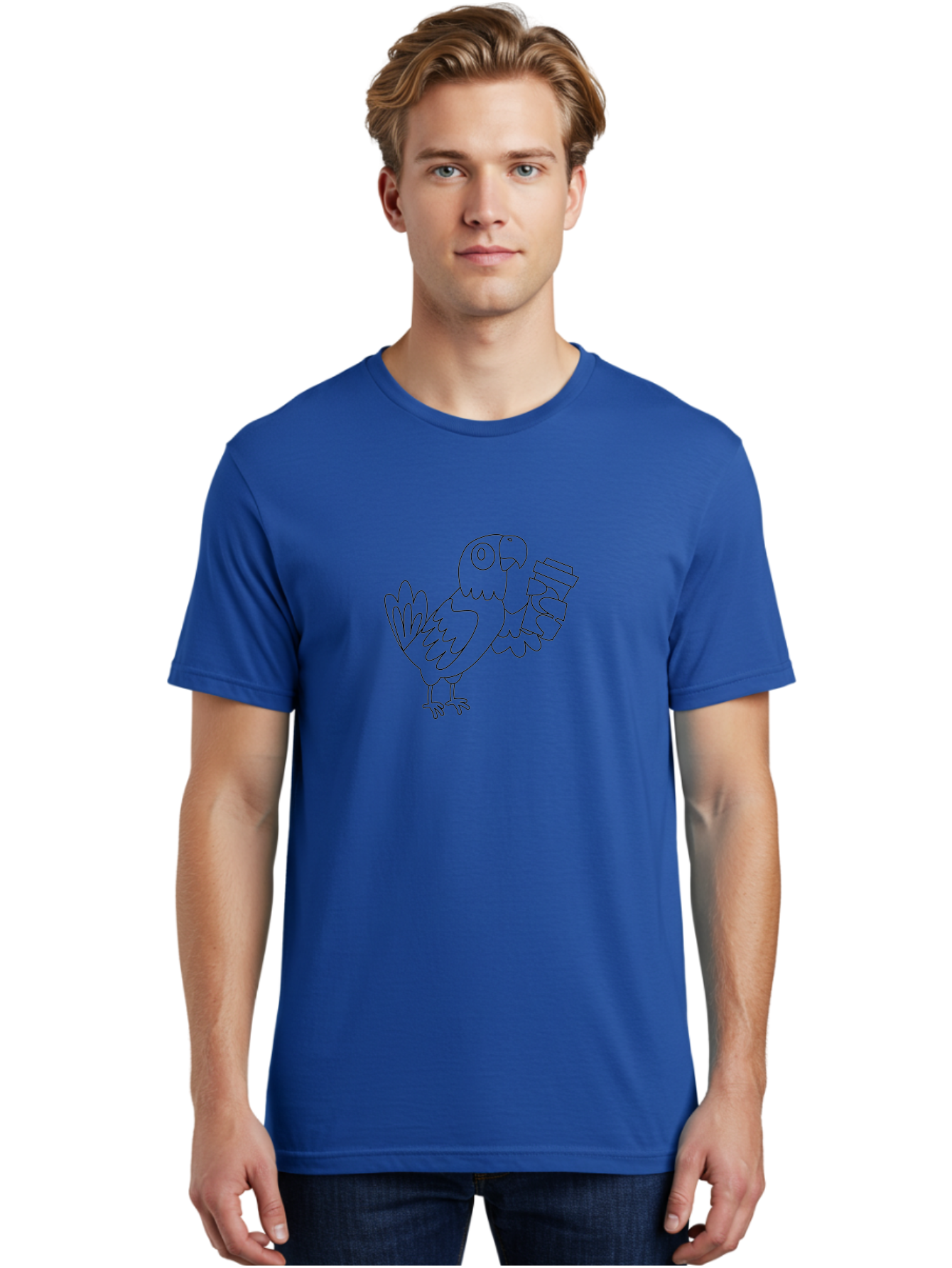 Parrot-With-Coffee Men'S Graphic Tee, 100% Cotton, Comfortable Casual Summer Wear, Machine Washable, Parrot Holding Coffee Cup, Cartoon Bird, Coffee Lover, Funny Animal, Quirky Character, Line Art, Simple Design, Humorous Illustration Aab868