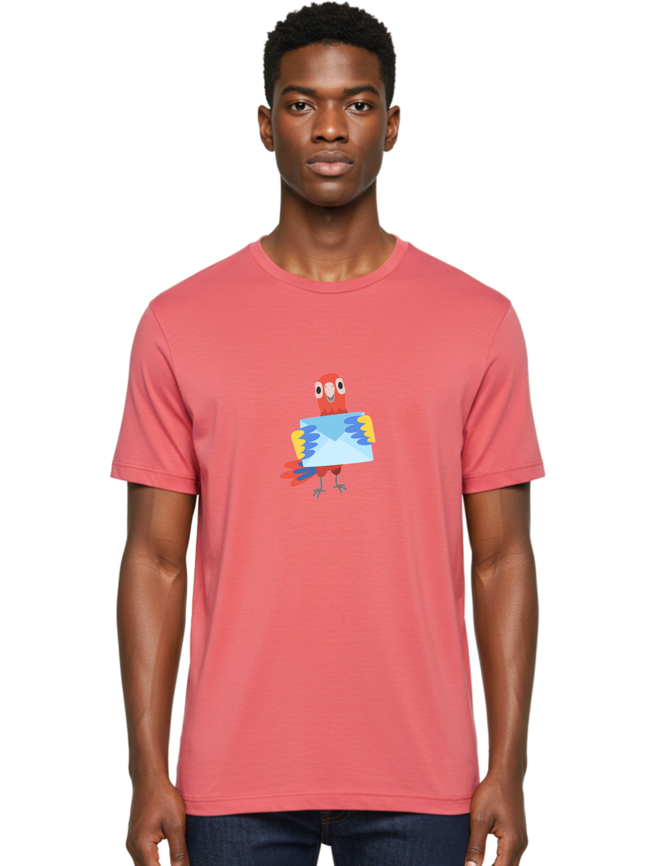 Parrot-With-Envelope Men'S Graphic Tee, 100% Cotton, Comfortable Casual Summer Wear, Machine Washable, Cartoon Parrot, Red Parrot, Colorful Wings, Blue Envelope, Email Concept, Digital Communication, Vibrant Colors, Playful Design, Aab870