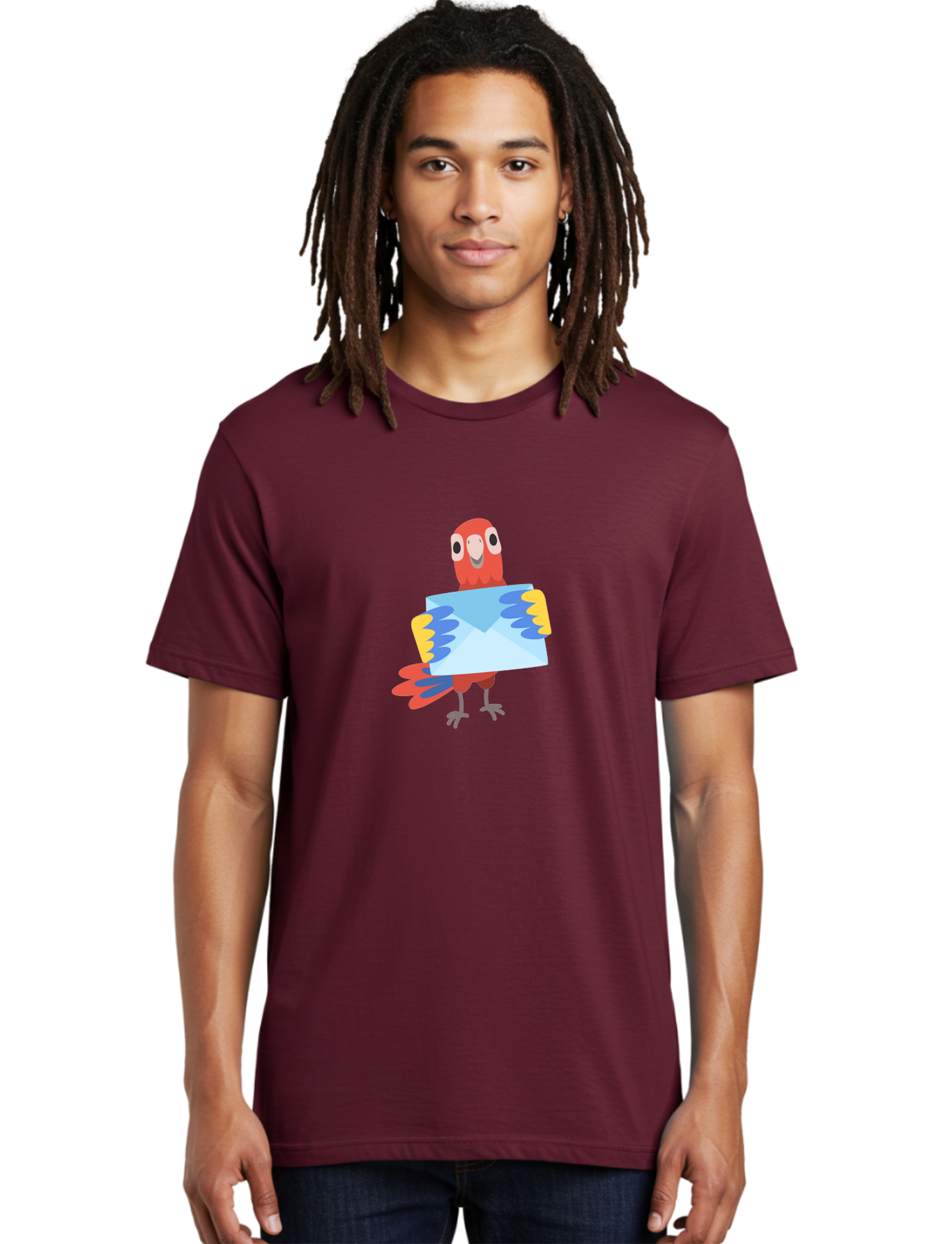 Parrot-With-Envelope Men'S Graphic Tee, 100% Cotton, Comfortable Casual Summer Wear, Machine Washable, Cartoon Parrot, Red Parrot, Colorful Wings, Blue Envelope, Email Concept, Digital Communication, Vibrant Colors, Playful Design, Aab870