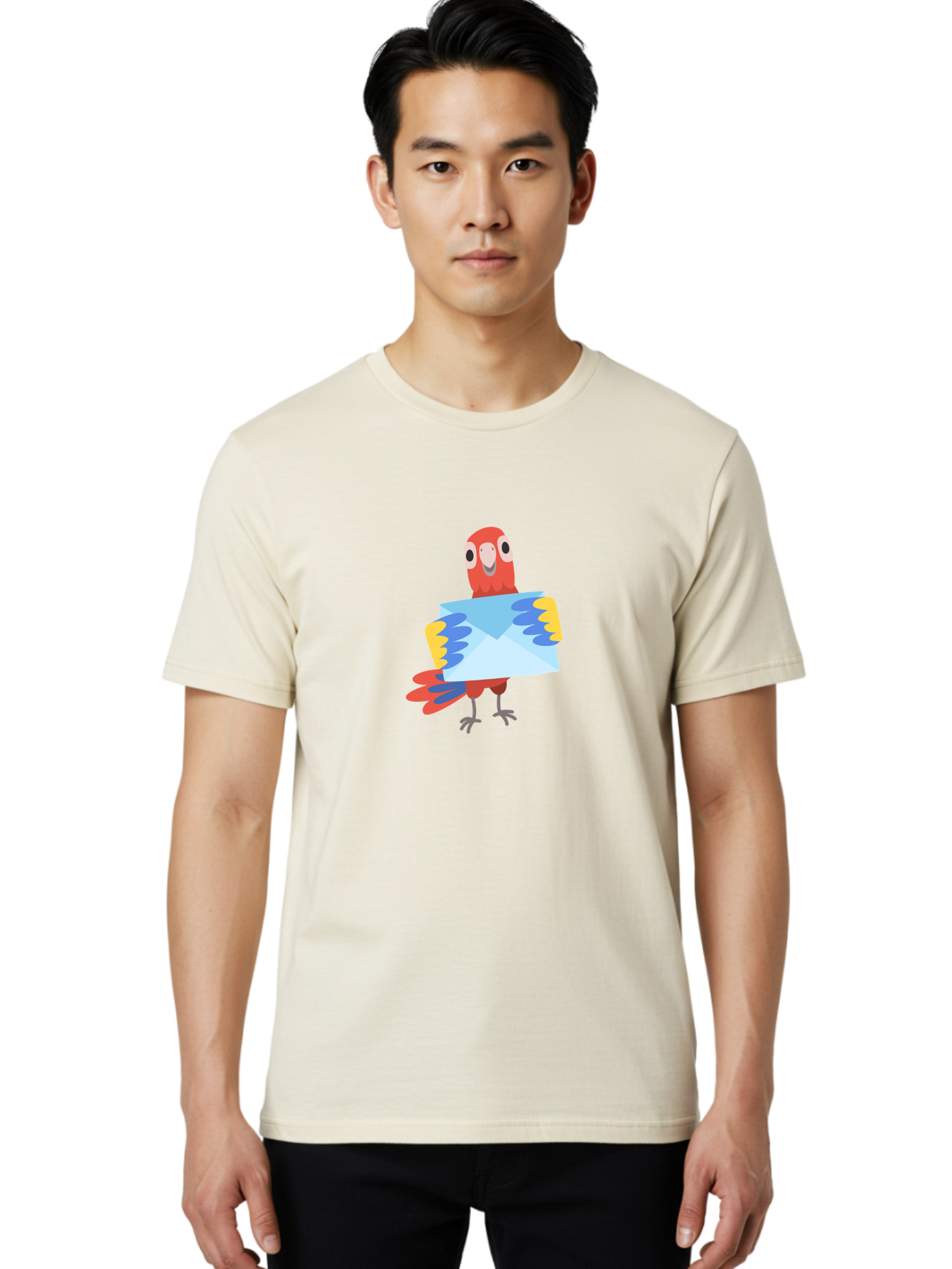 Parrot-With-Envelope Men'S Graphic Tee, 100% Cotton, Comfortable Casual Summer Wear, Machine Washable, Cartoon Parrot, Red Parrot, Colorful Wings, Blue Envelope, Email Concept, Digital Communication, Vibrant Colors, Playful Design, Aab870