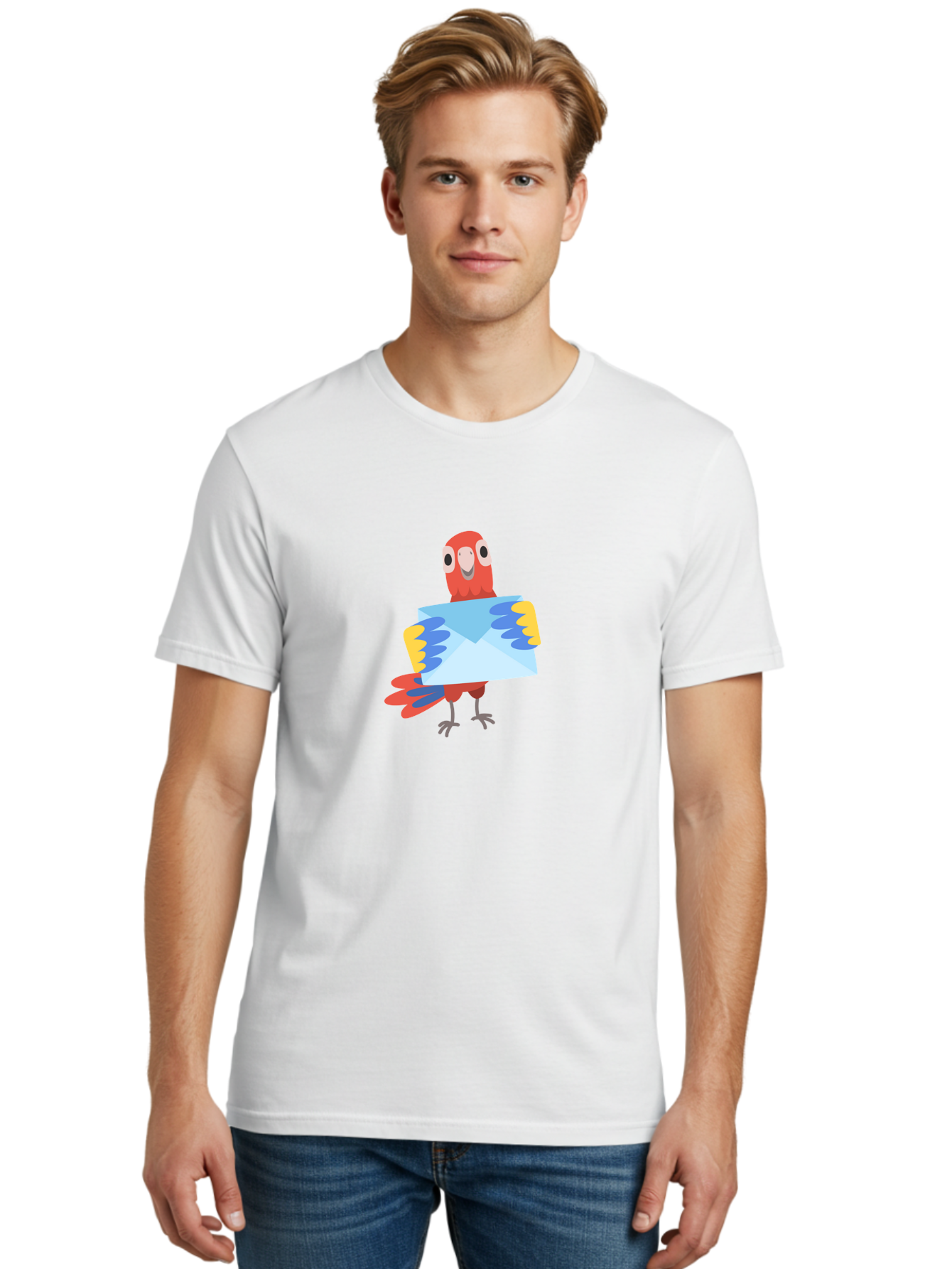 Parrot-With-Envelope Men'S Graphic Tee, 100% Cotton, Comfortable Casual Summer Wear, Machine Washable, Cartoon Parrot, Red Parrot, Colorful Wings, Blue Envelope, Email Concept, Digital Communication, Vibrant Colors, Playful Design, Aab870