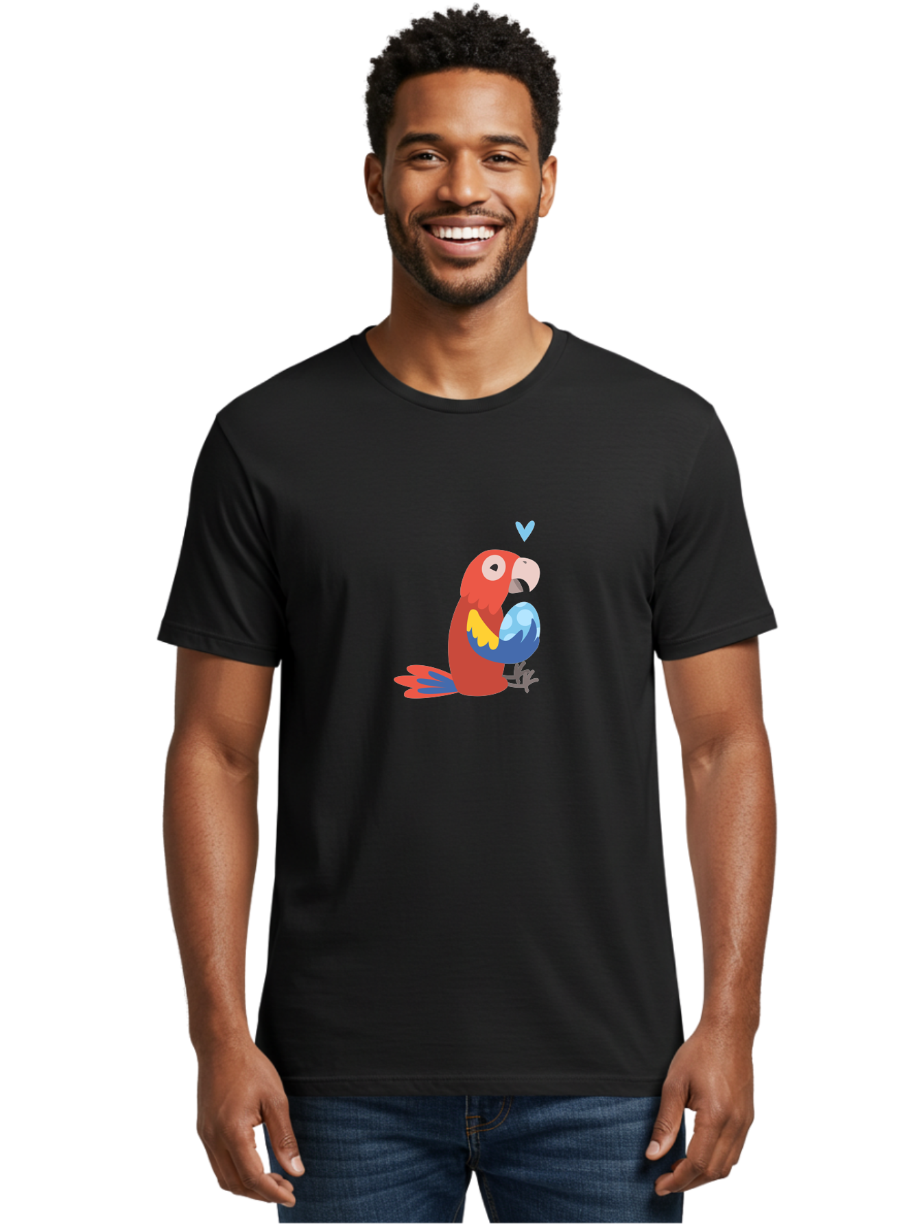 Parrot-With-Globe Men'S Graphic Tee, 100% Cotton, Comfortable Casual Summer Wear, Machine Washable, Cartoon Parrot, Colorful Plumage, Vibrant Bird, Blue And Red Feathers, Yellow Wing, Heart Symbol, Cute Animal, Illustration Art, Aab871