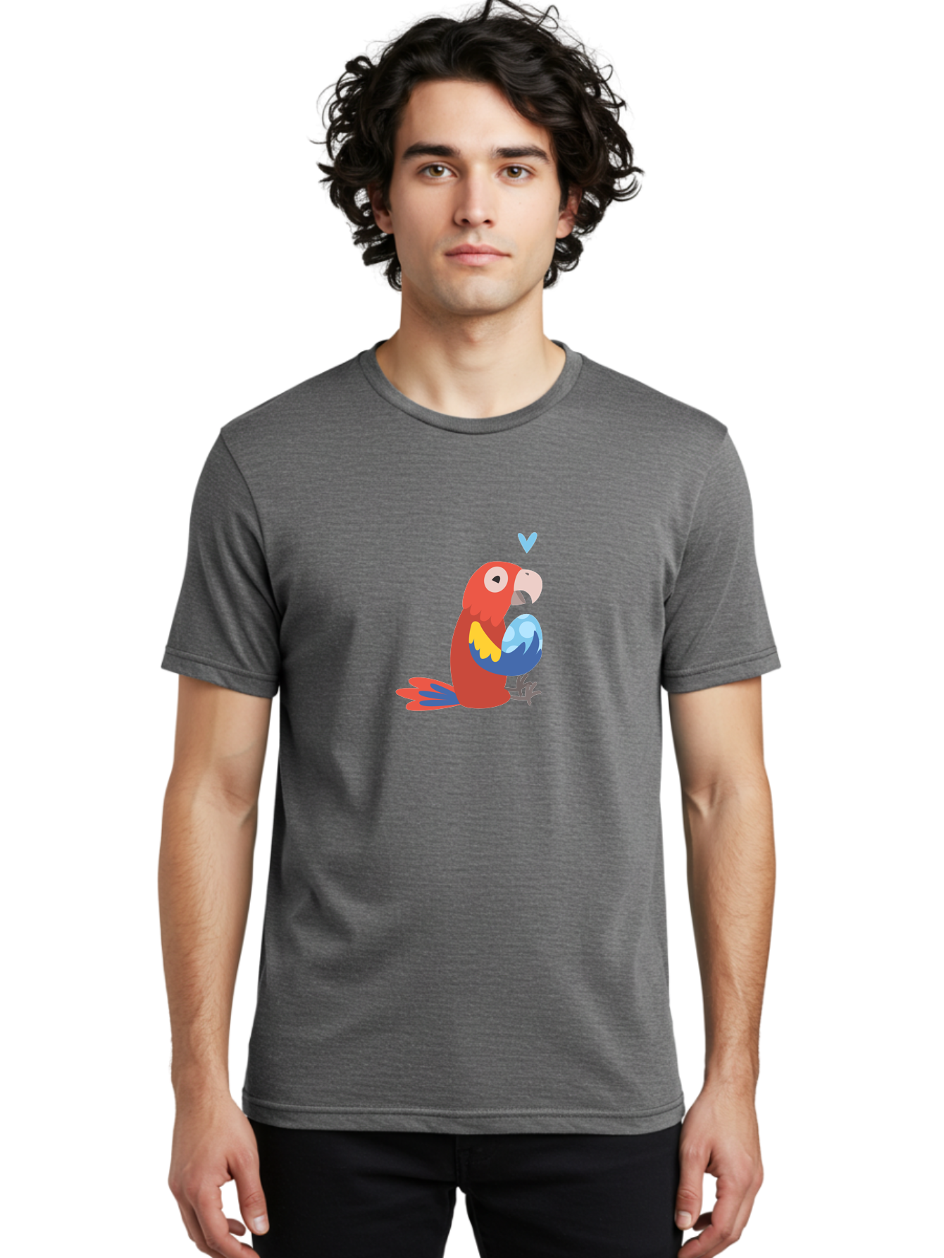 Parrot-With-Globe Men'S Graphic Tee, 100% Cotton, Comfortable Casual Summer Wear, Machine Washable, Cartoon Parrot, Colorful Plumage, Vibrant Bird, Blue And Red Feathers, Yellow Wing, Heart Symbol, Cute Animal, Illustration Art, Aab871