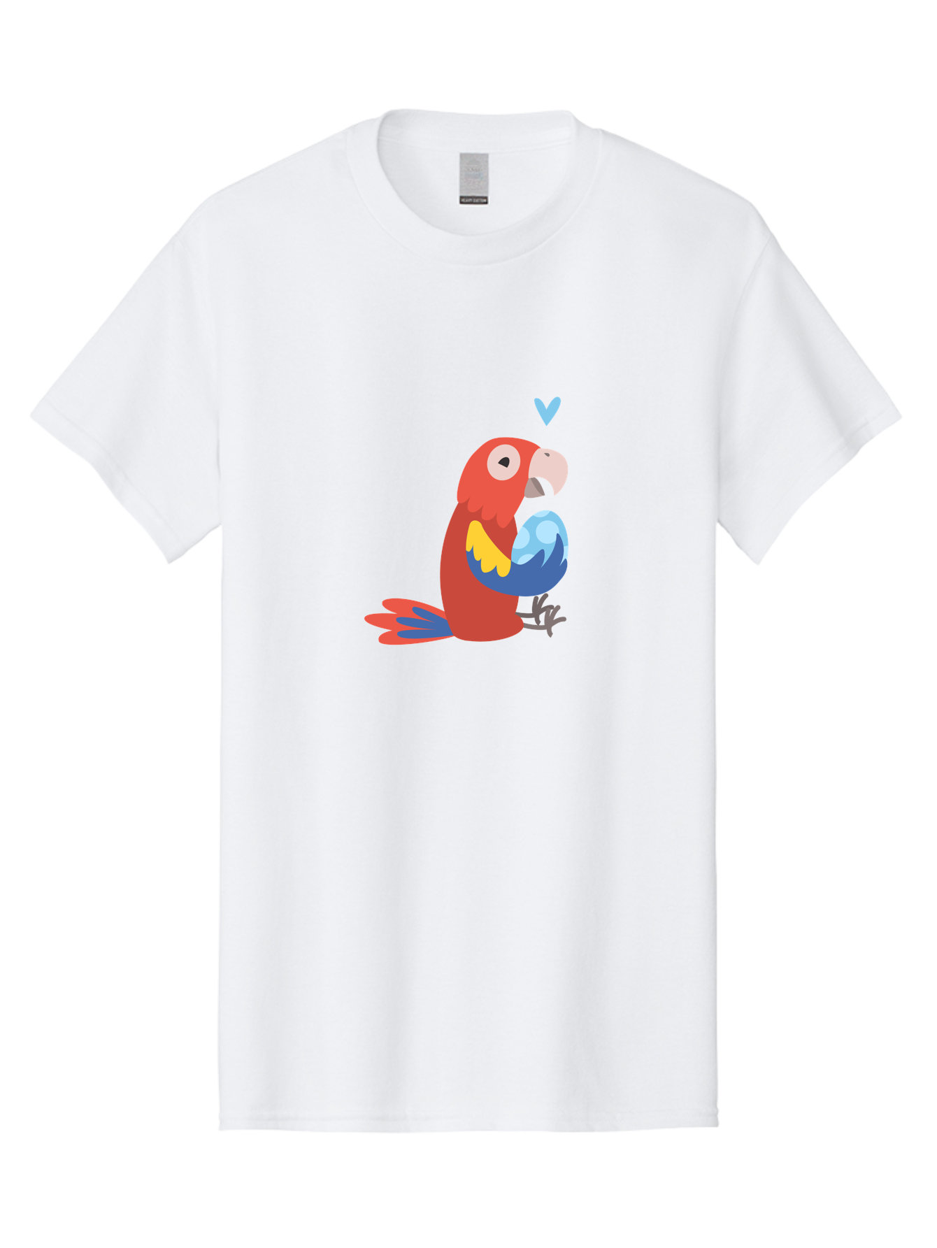 Parrot-With-Globe Men'S Graphic Tee, 100% Cotton, Comfortable Casual Summer Wear, Machine Washable, Cartoon Parrot, Colorful Plumage, Vibrant Bird, Blue And Red Feathers, Yellow Wing, Heart Symbol, Cute Animal, Illustration Art, Aab871
