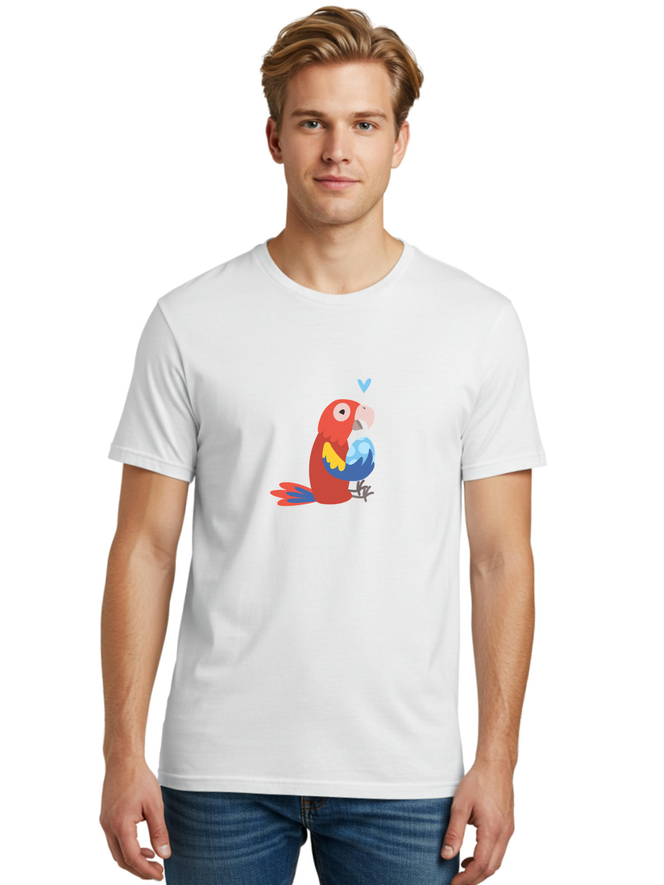 Parrot-With-Globe Men'S Graphic Tee, 100% Cotton, Comfortable Casual Summer Wear, Machine Washable, Cartoon Parrot, Colorful Plumage, Vibrant Bird, Blue And Red Feathers, Yellow Wing, Heart Symbol, Cute Animal, Illustration Art, Aab871