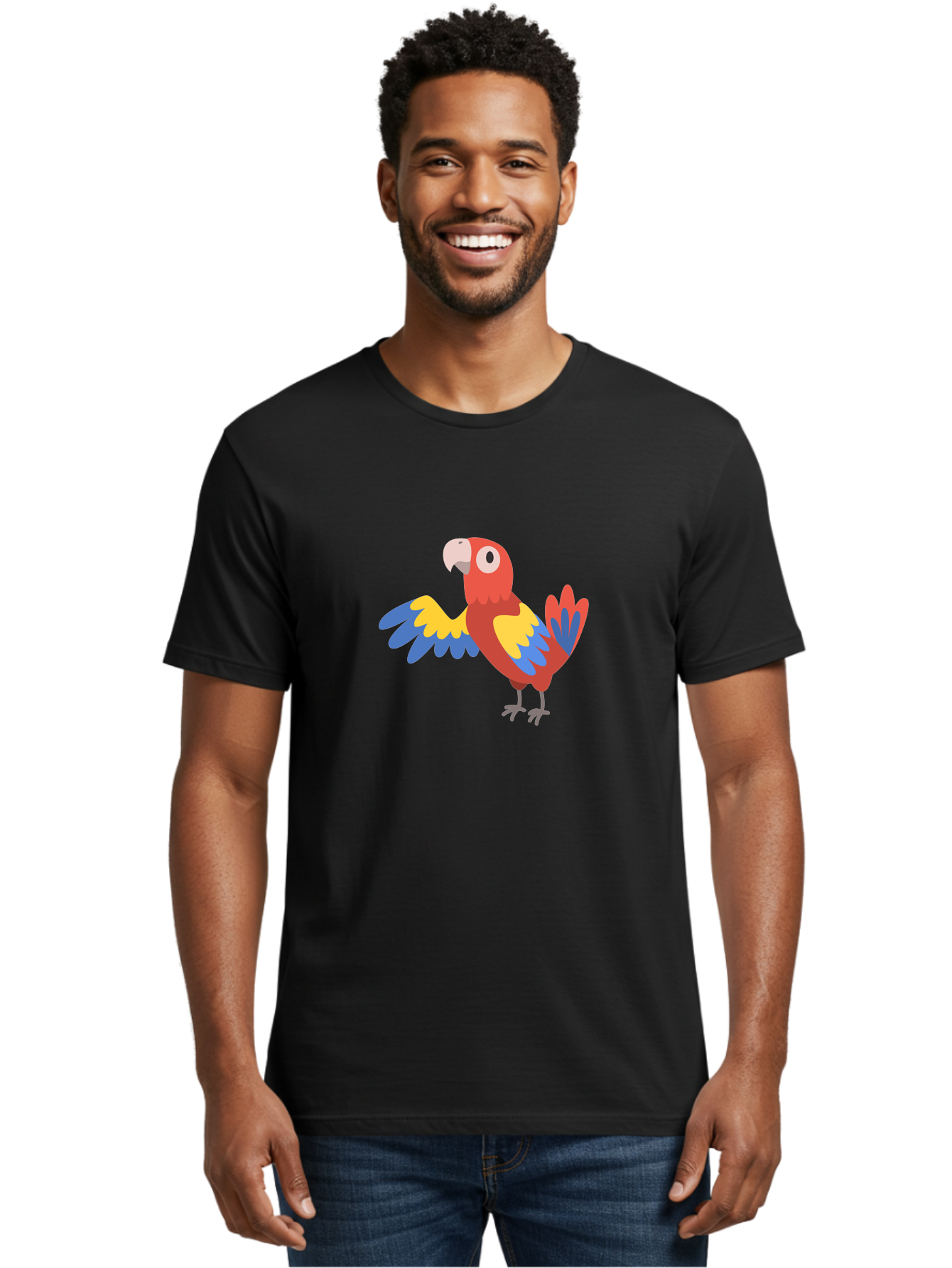 Parrot Men'S Graphic Tee, 100% Cotton, Comfortable Casual Summer Wear, Machine Washable, Vibrant Parrot, Colorful Bird, Tropical Parrot, Cartoon Parrot, Parrot Illustration, Red Parrot, Blue And Yellow Wings, White Beak, Simple Art, Aab872